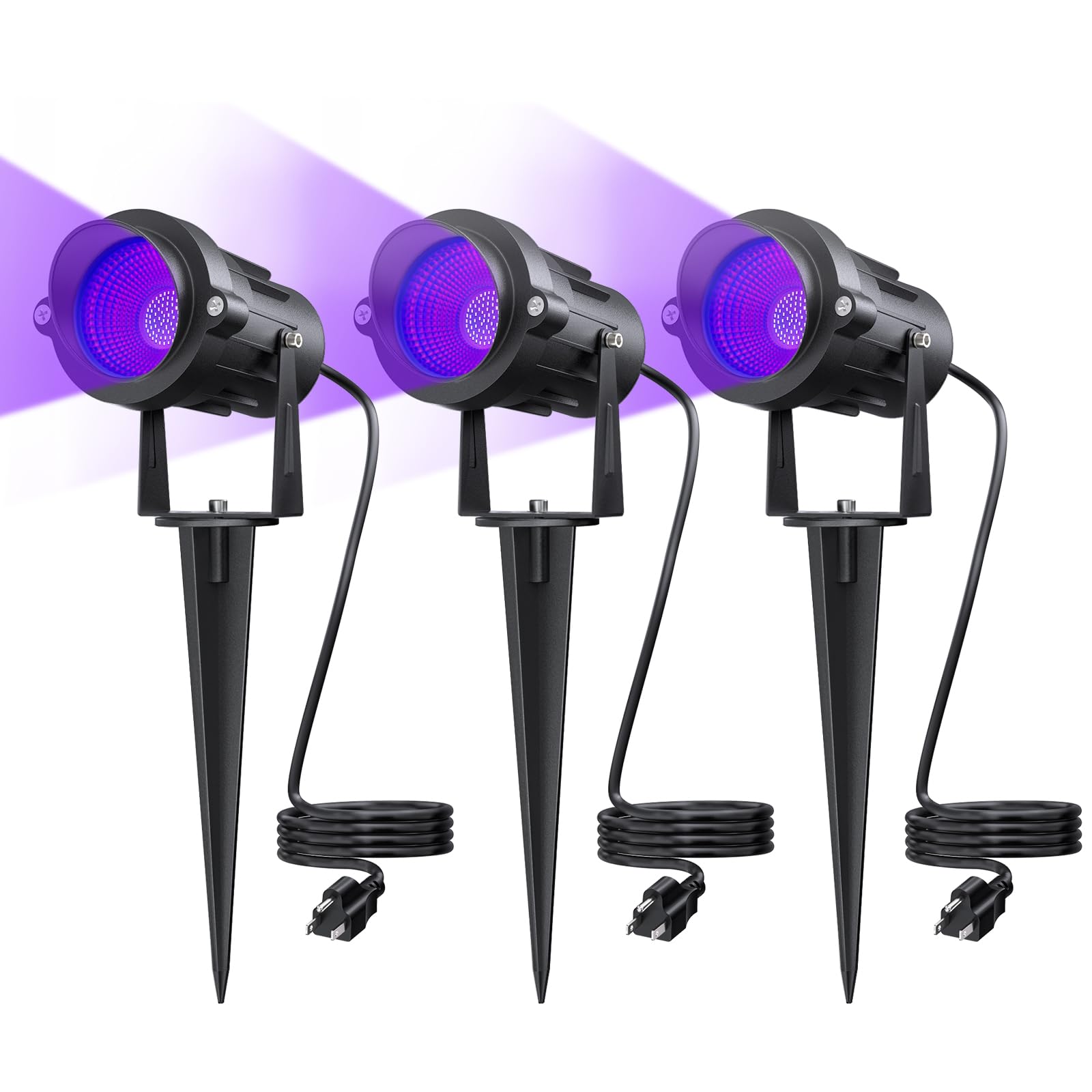 Onforu 18W Black Light Spotlight, IP65 Waterproof, 385-400nm, Plug-in for Halloween & Glow Parties, Aluminum, Black, Model A18UV (3 Pack)