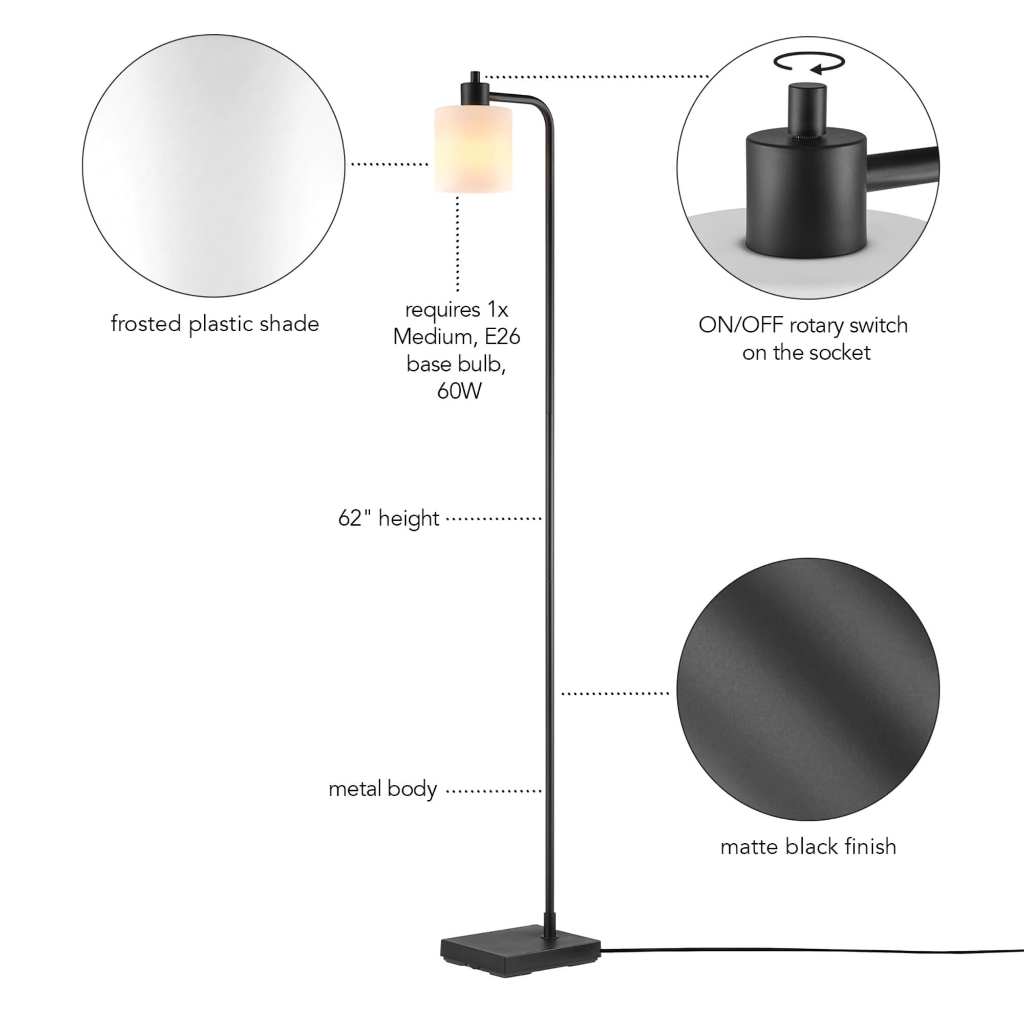 GLOBE Electric 61000144 62" Matte Black Floor Lamp with Frosted Shade, On/Off Switch, Ideal for Bedroom & Living Room Decor