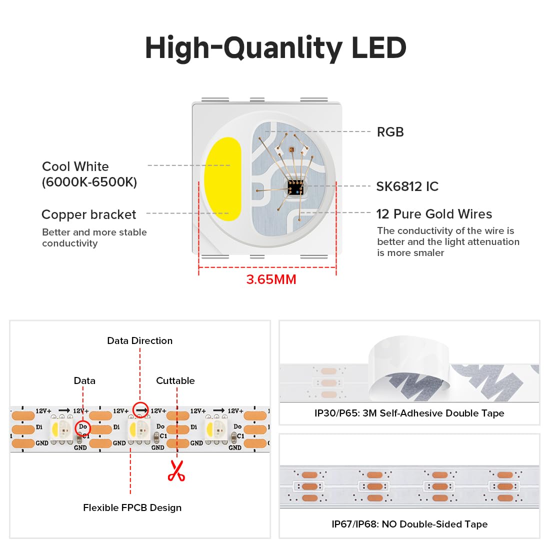 Btf-Lighting Sk6812(Similar Ws2812B) Rgbw Rgb+Cool White(6000K) Individually Addressable Dc12V 16.4Ft 60Led/Pixels/M 4 Colors In 1 Light Dream Color Led Strip Ip65 White Pcb(No Adapter Or Controller)