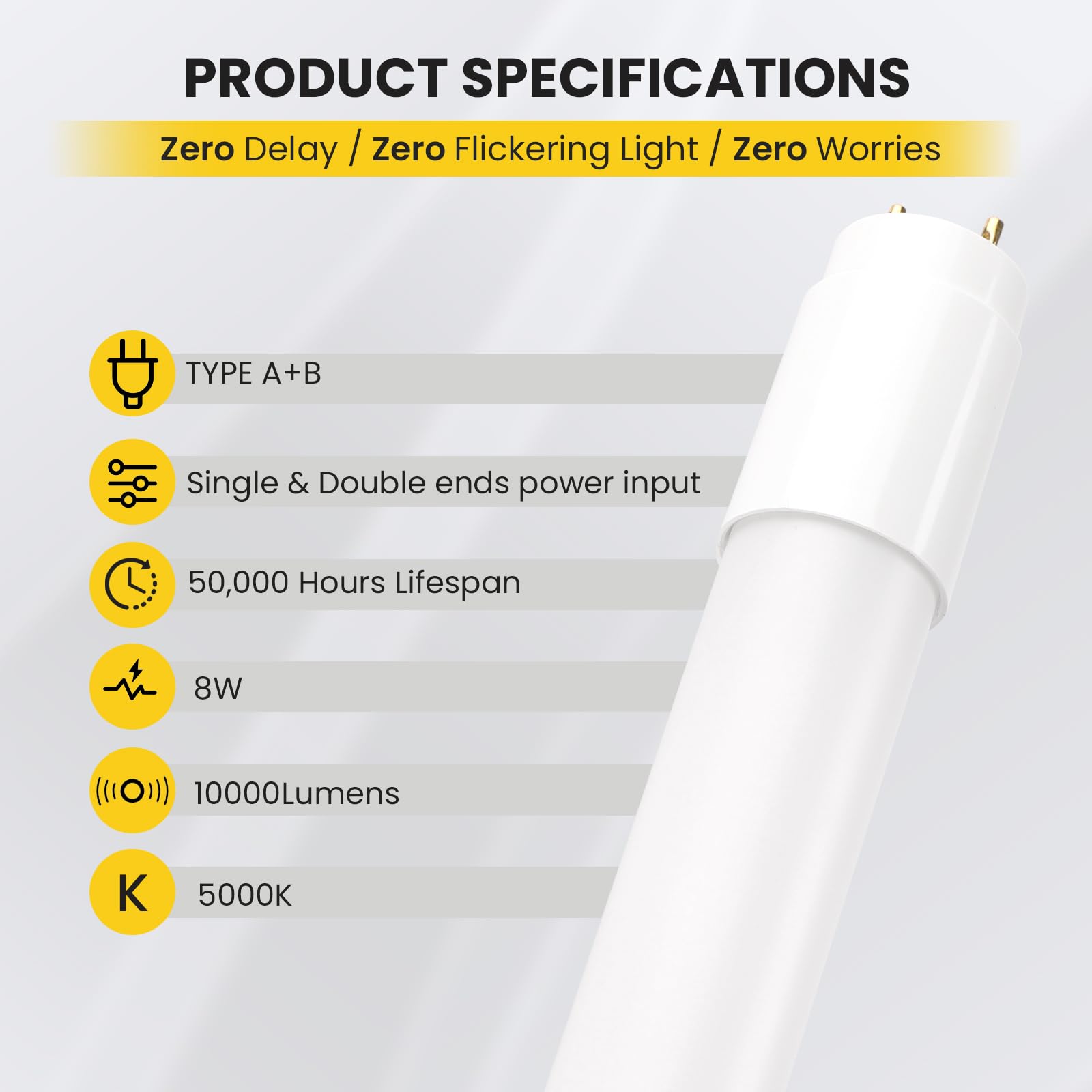 Paby 25 Pack 2FT T8 LED Type A+B Tube Light, 8W(15W Equivalent) 1000LM, 5000K, Plug & Play or Ballast Bypass, Single or Double E