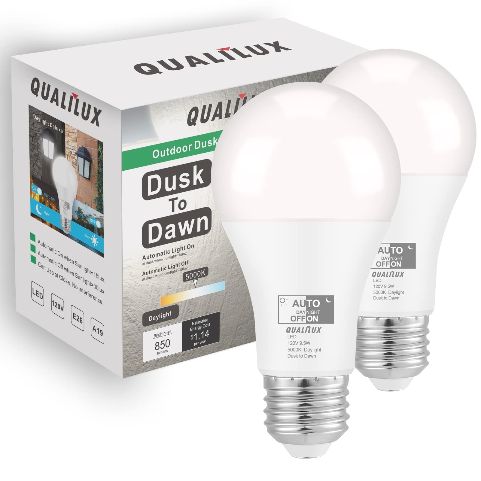 Qualilux Dusk to Dawn Light Bulbs Outdoor  60W Equivalent  Daylight  LED 9.5W  A19  2-Pack  HQ-H011