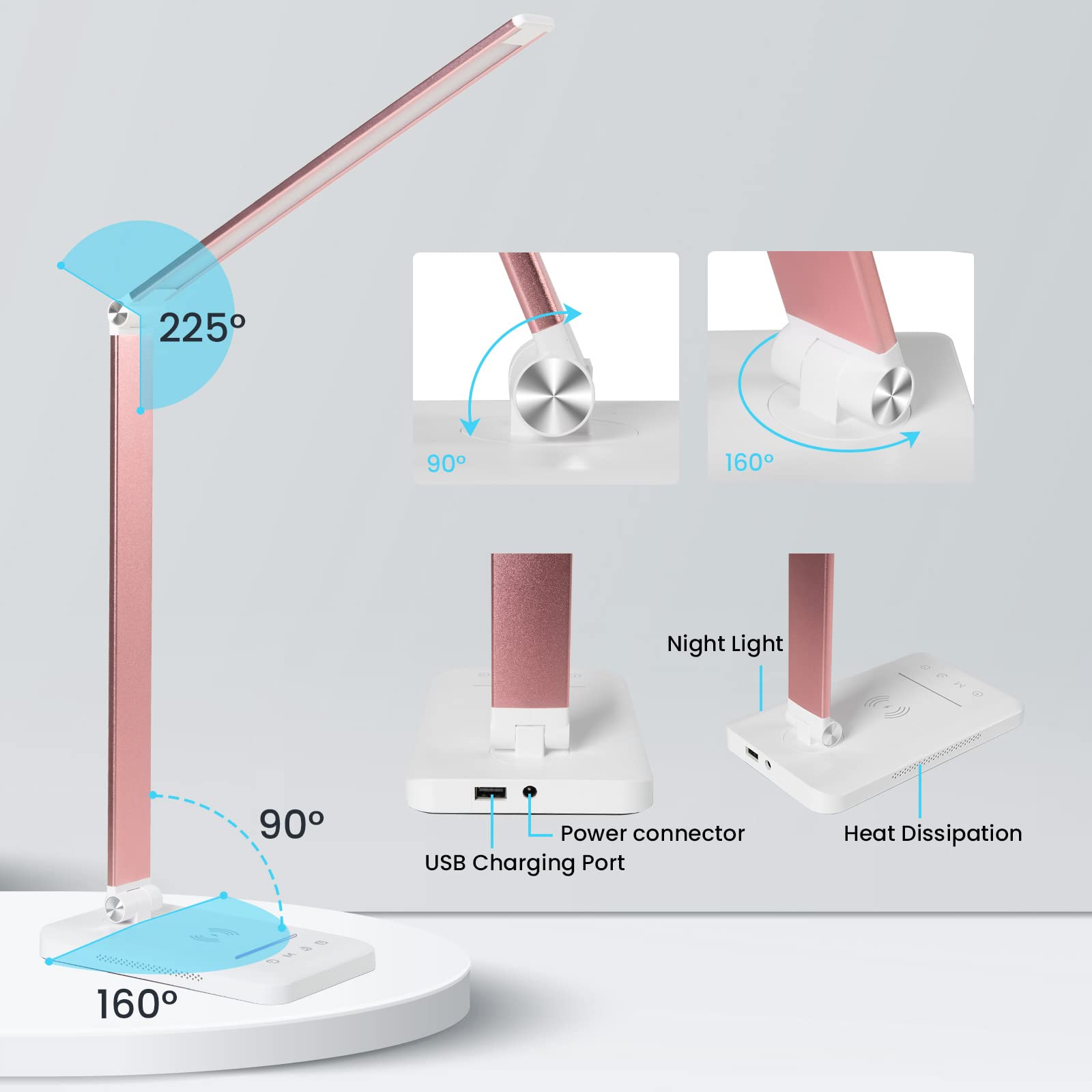 JOSTIC LED Desk Lamp - 10 Brightness Levels, 5 Color Modes, Pink, Model EK009A, Dimmable, Wireless Charger, Touch Control, Auto Timer