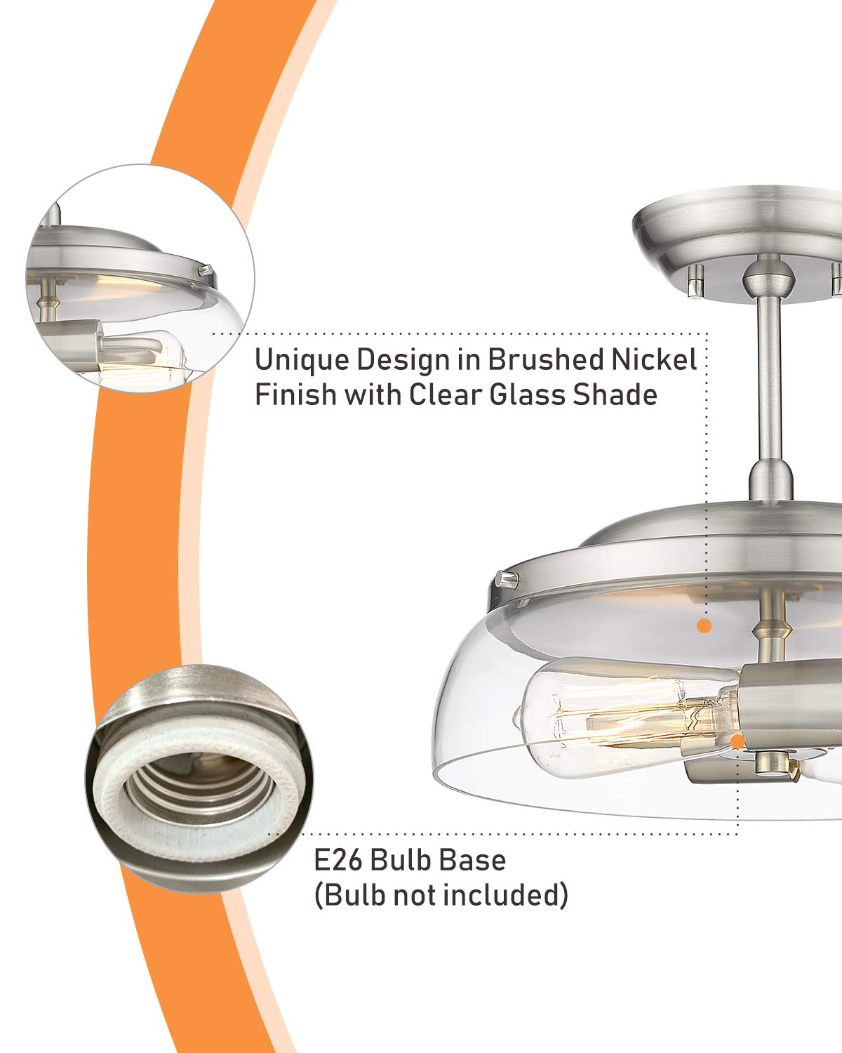 Eapudun 2-Light Semi Flush Mount Ceiling Light, Brushed Nickel, Clear Glass Shade