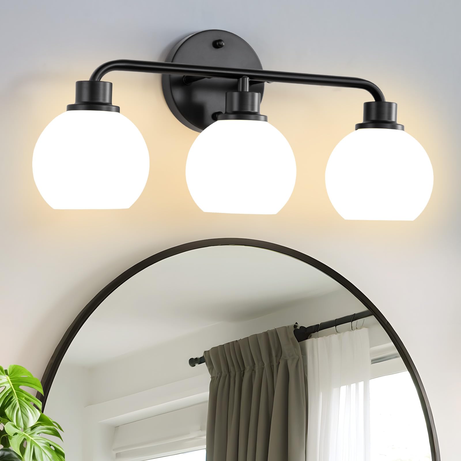 Bathroom Light Fixtures Black Vanity Light, 3 Light Wall Sconces Lighting Bathroom Lights with Milk Glass Shades, Bath Wall Ligh