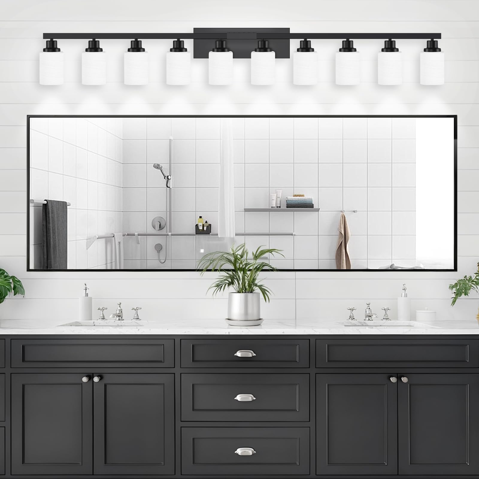 DIKAIDA 10-Light Bathroom Vanity Lights, Black Metal with White Glass Shades, 65.4 inch, Model DKD-LW-HS-10