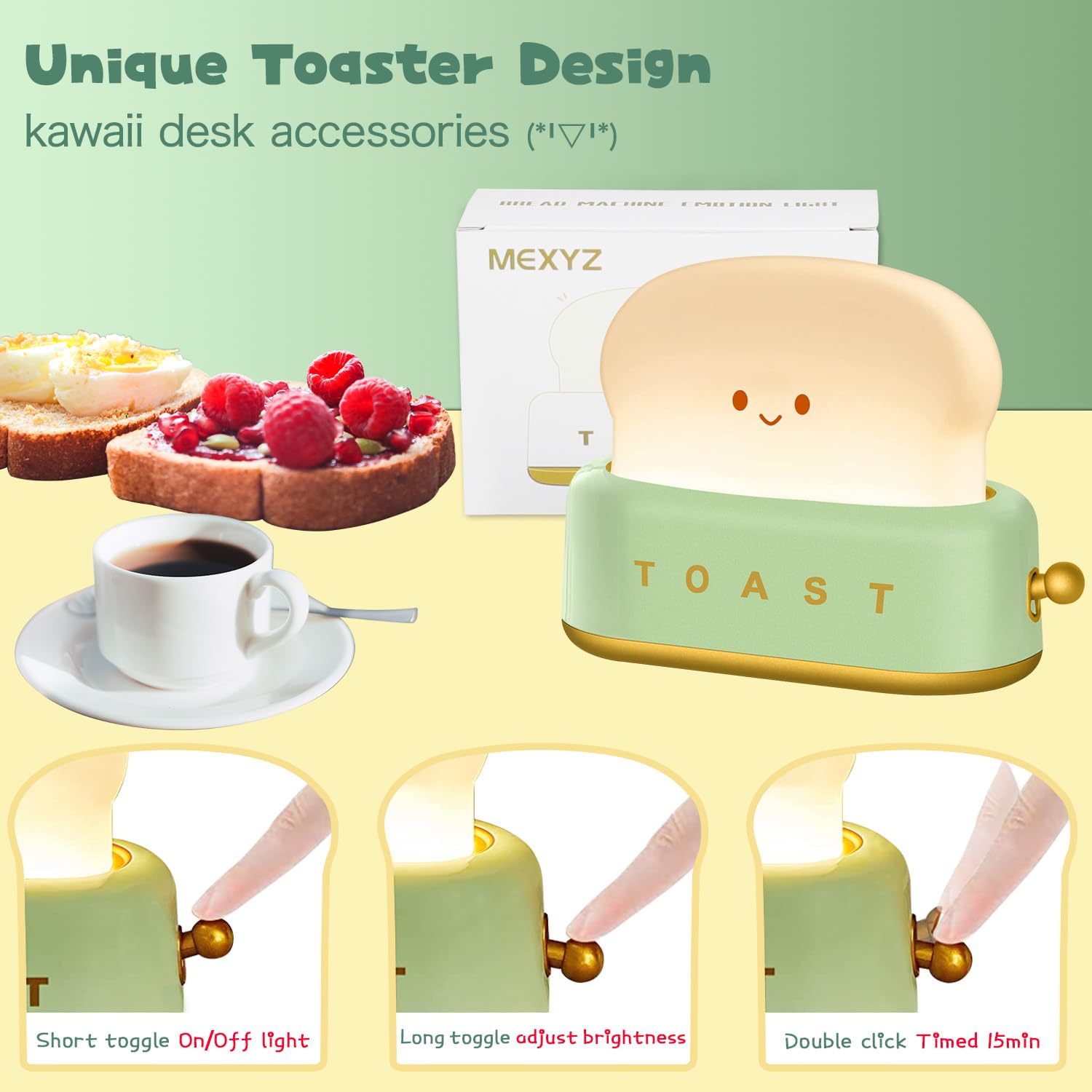 MeXYZ Cute Desk Decor Toaster Lamp, Rechargeable Kawaii Accessories Small Lamp LED Night Light for Kids Teen Girls, Room Decor T