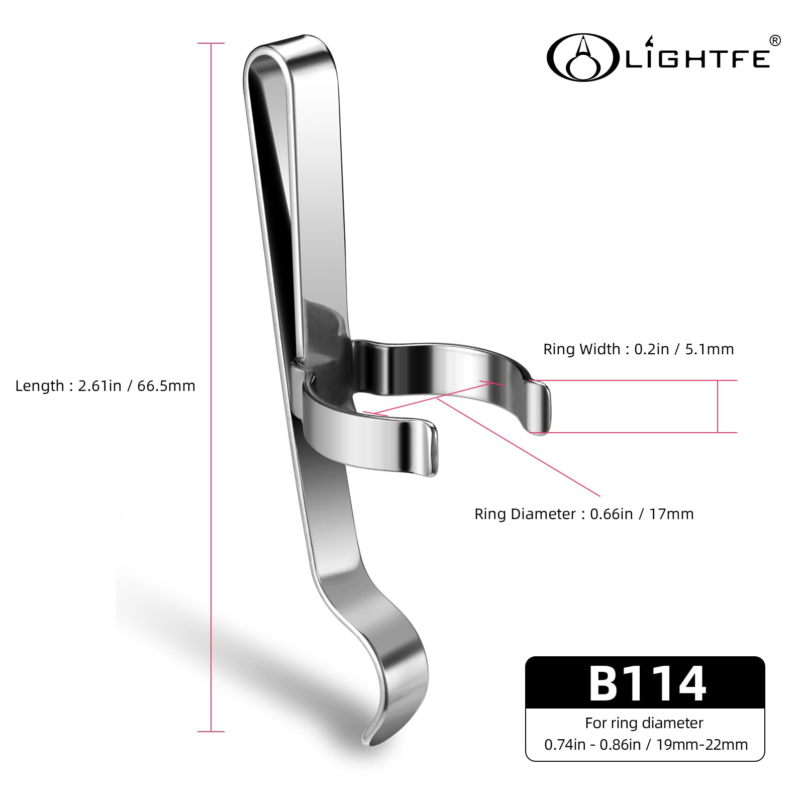 LIGHTFE B114 Flashlight Clip - Stainless Steel, Fits 19.5-21mm Diameter, 66.5mm Size, Versatile Hat/Pocket/Bag Clip