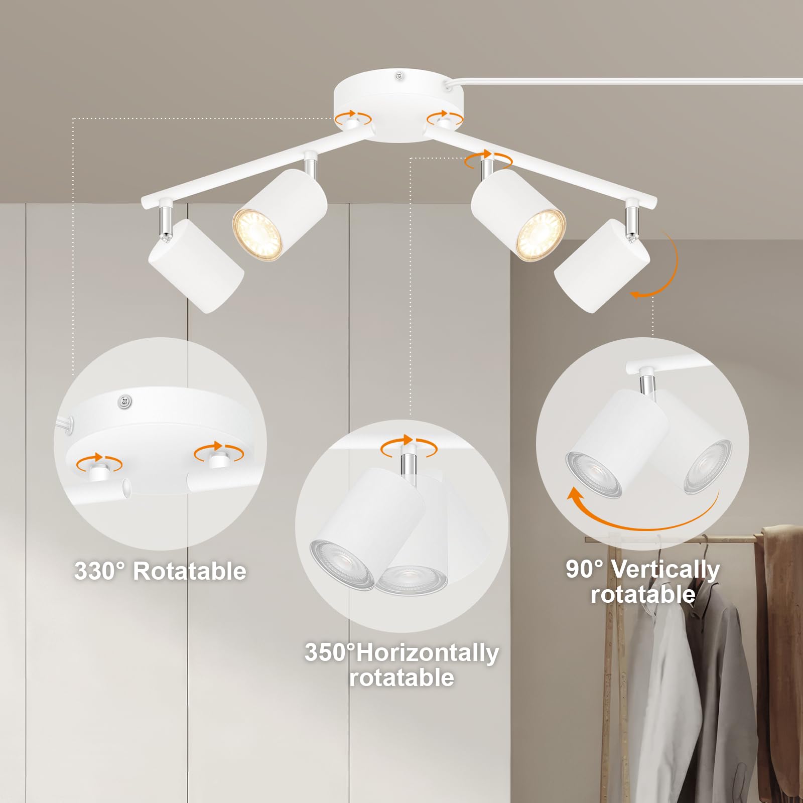 Bricosmocon 4-Light Track Lighting Kit, White Metal Ceiling Fixture, GU10 Socket, 14.8ft Power Cord, Rotatable Spotlights
