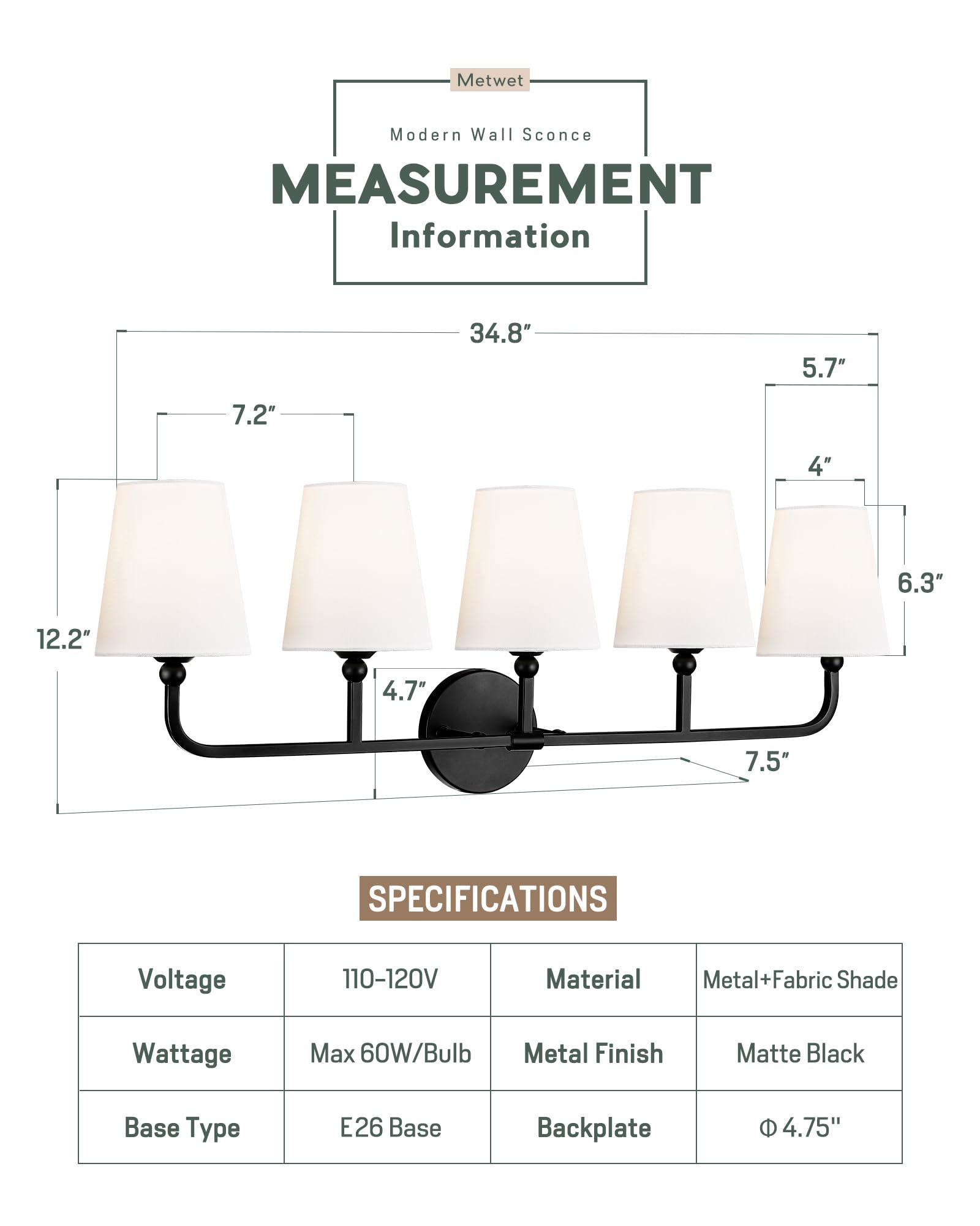 Metwet Bathroom Light Fixtures, 5 Light Matte Black Vanity Lights With Flared White Fabric Shade, 35 Inch Wall Sconce, Modern Sc