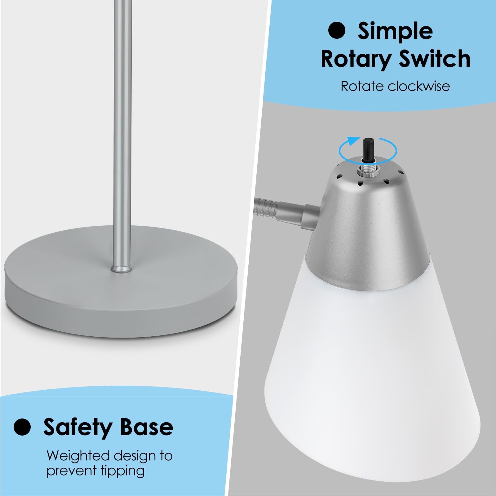 Coucrek Adjustable Gooseneck Floor Lamp, Gray Plastic Shade, Model F122, Ideal for Living Room & Dorm