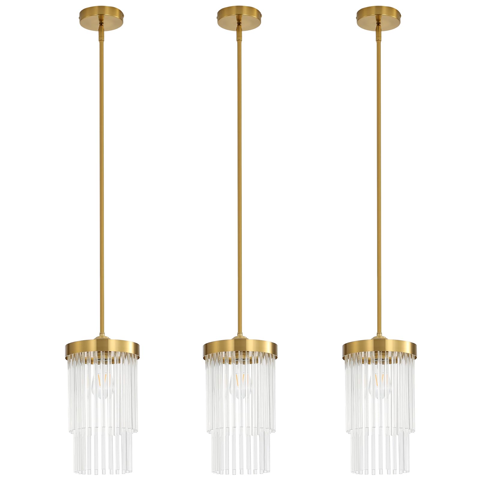 Modern Pendant Light Fixture for Kitchen Island  Elegant Brushed Gold Glass Crystal Hanging Light Fixtures  Mini Over Island Lights for Dining Room Foyer Sink Hallway  3-Pack