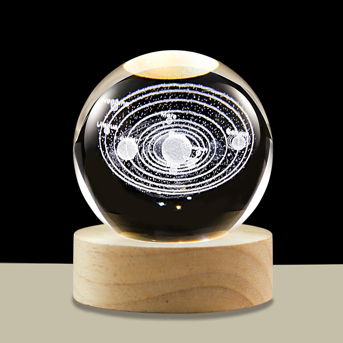 Hochance 3D Solar System Crystal Ball Lamp With Adjustable Brightness Led Wooden Base Night Light For Kids Teens mature-themeds Birthday Gift Home Desk Office Bedroom Decor (6Cm / 2.4 )
