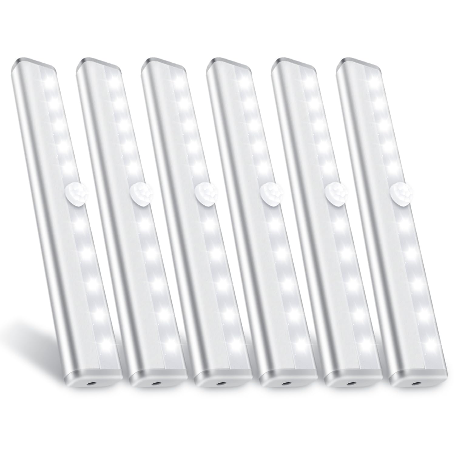 HOKOILN Motion Sensor Closet Lights, 10 LED Battery Operated Night Light Bar, 6 Pack, Aluminum, White, Model 5833