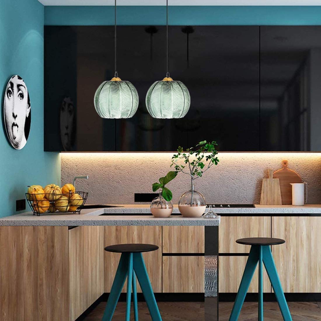 Aoodu Glass Pendant Light Fixture 1-Light Modern Mini Pendant Lighting Green Ribbed Glass Shade Globe Pendant Light For Kitchen