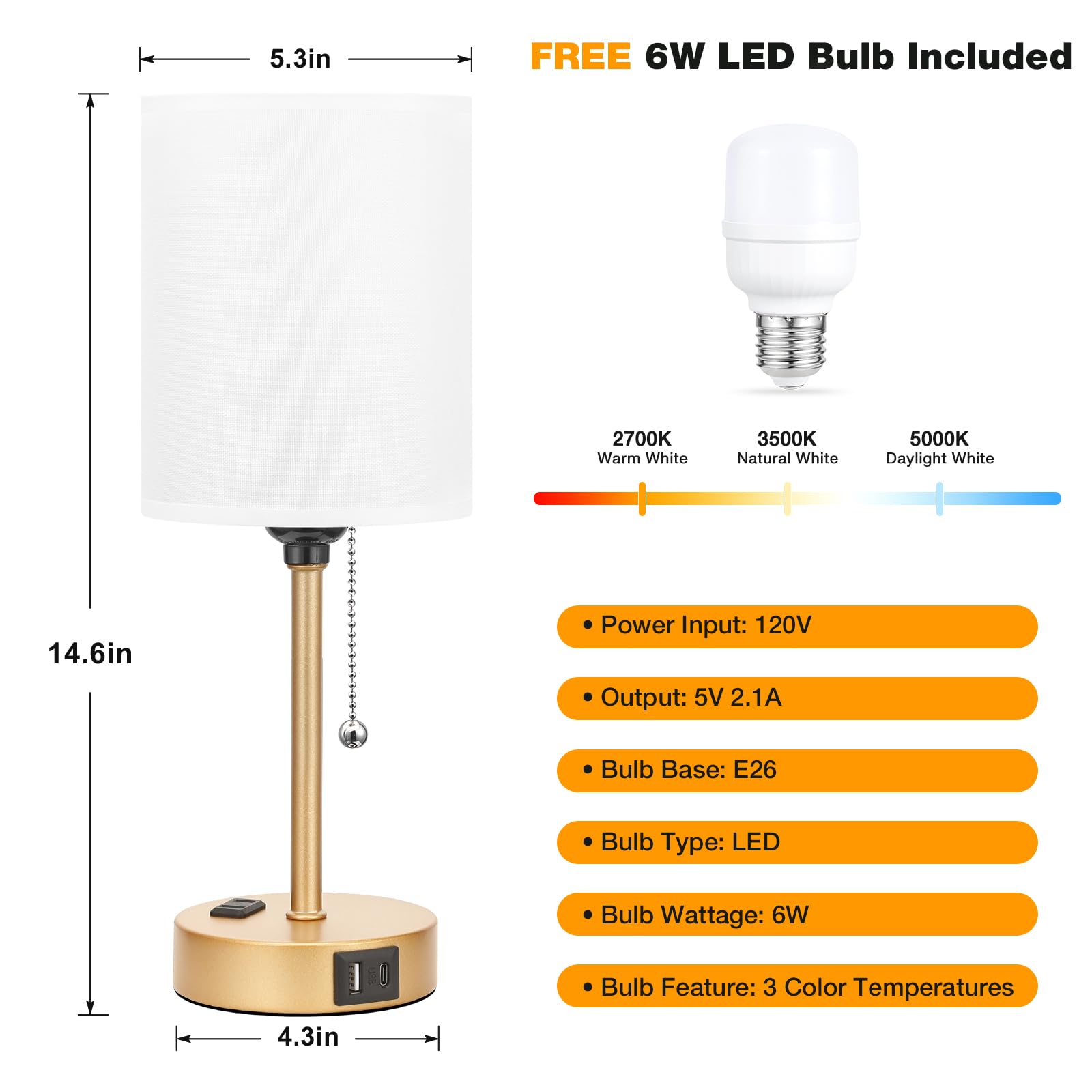 Dicoool Small Bedside Lamps 3 Color Modes - 2700K 3500K 5000K Bedroom Lamps With Usb C And A Ports, Pull Chain Gold Table Lamps With Ac Outlet, Nightstand Lamps With Gold Metal Base For Kids Reading