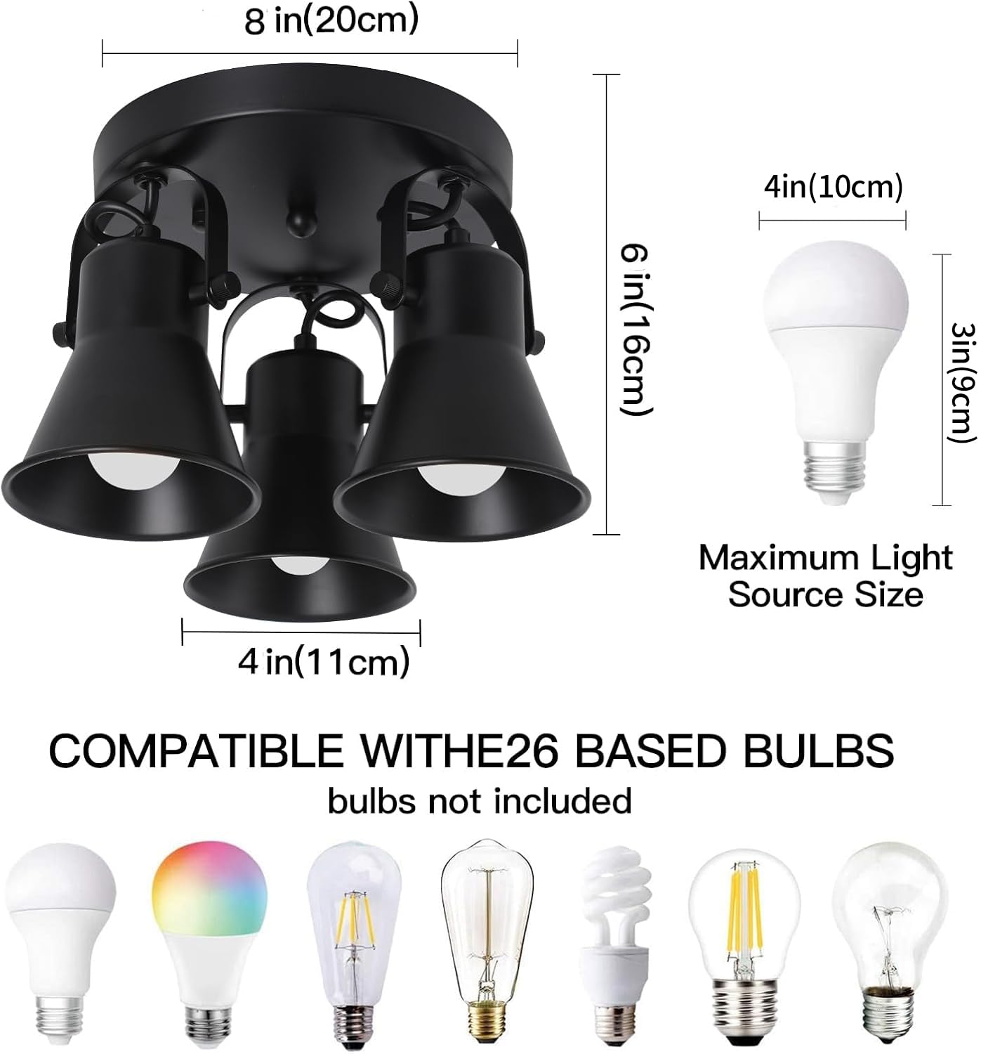 SEEBLEN 3-Light Industrial Track Lighting, Adjustable Black Metal Flush Mount for Kitchen, Hallway, Dining Room, Bathroom.