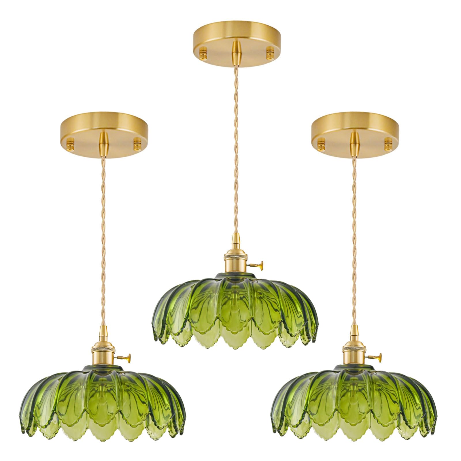 GMTB 3 Pack Glass Pendant Lights Kitchen Island  Vintage Brass Pendant Light Fixtures  Adjustable Green Kitchen Pendant Lighting Over Island for Bedroom Living Room Hallway Dining Room