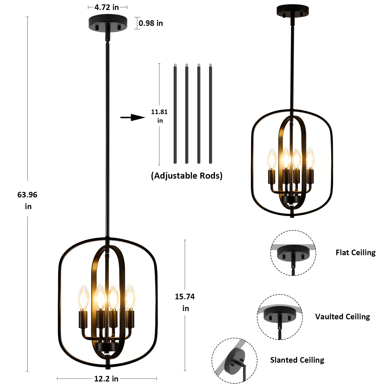 Black Chandelier Light, Modern Farmhouse Chandeliers For Dining Room Light Fixture Entryway Industrial Rustic Geometric Hanging