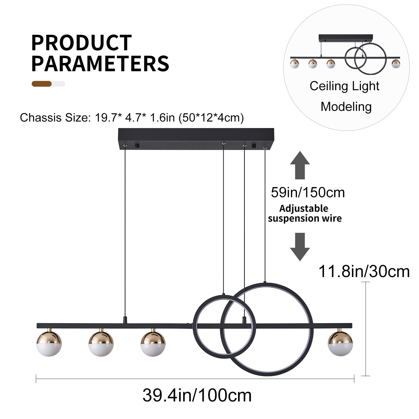 Oranoor Modern Black Gold Chandeliers For Dining Room, Dimmable Led Chandelier Linear Pendant Light For Kitchen Island, 39In Globe Haning Pendant Chandelier Lighitng With Remote (2 Rings, 3000Lm)