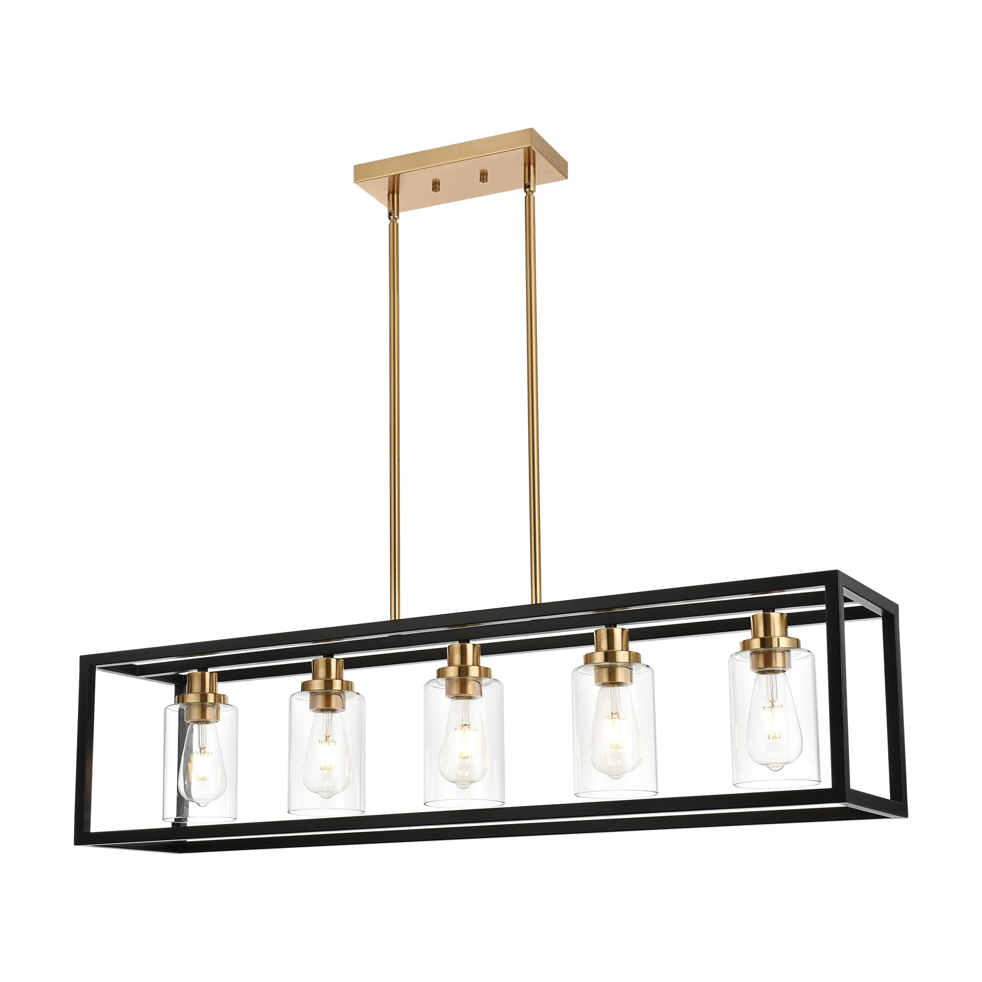 Melucee Black Rectangle Chandelier - 5 Light Linear Pendant Fixture, 36.2 Metal With Clear Glass Shade And Brushed Brass Socket
