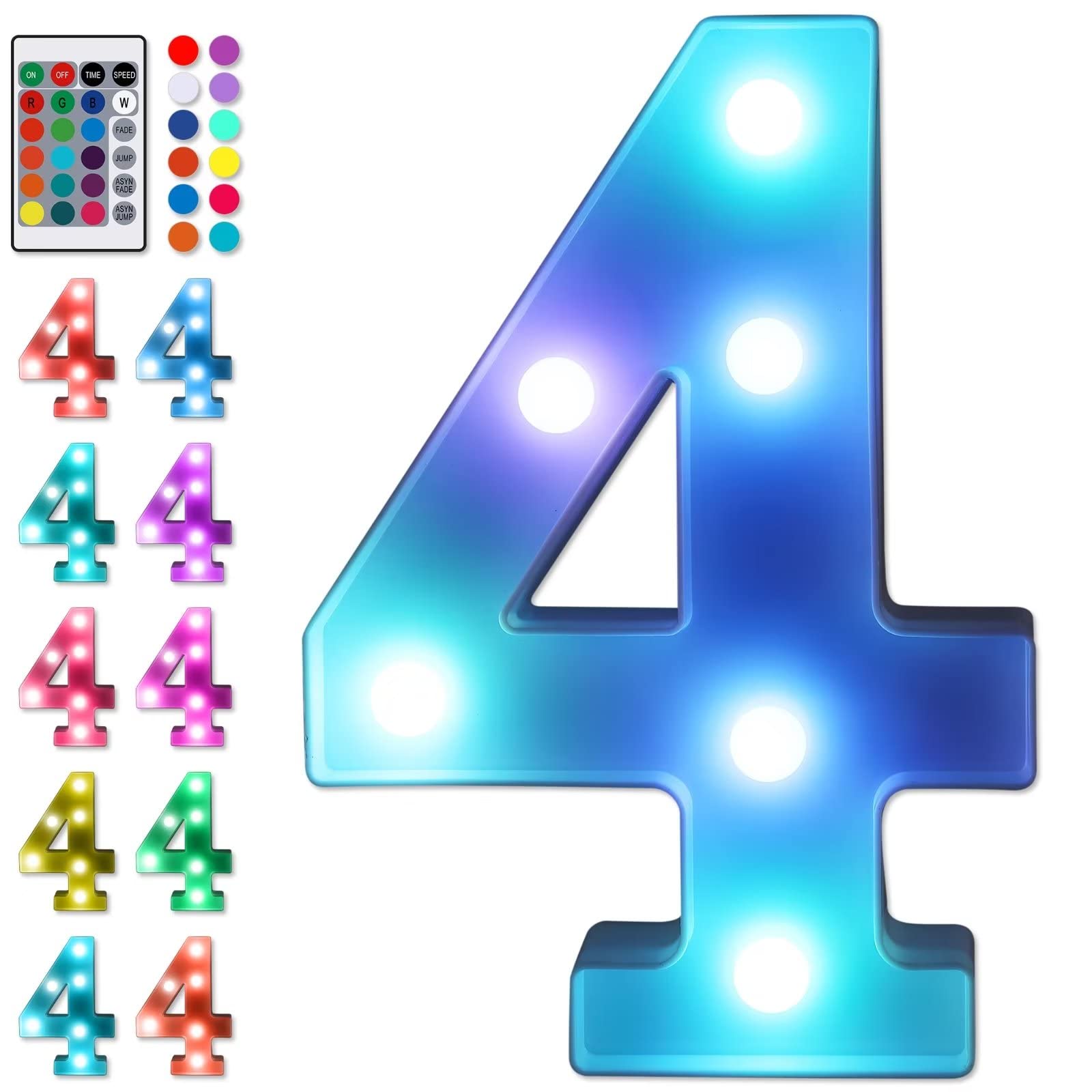 Foaky Colorful LED Number Lights with Remote, Light Up Number Sign for Night Light Wedding/Birthday Party Battery Powered Christmas Lamp Home Bar Decoration (4)