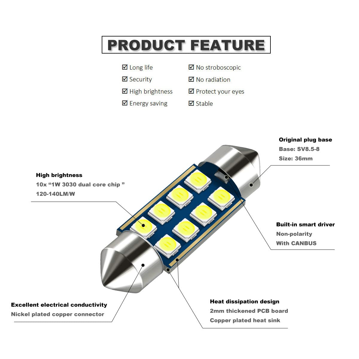 Dodofun 12V 36Mm Festoon 6418 De3423 De3425 6000K White Extra Bright Led Bulbs For Car Interior Lights License Plate Map Dome Trunk Door Courtesy Light 8-Smd Chipset Canbus Error Free
