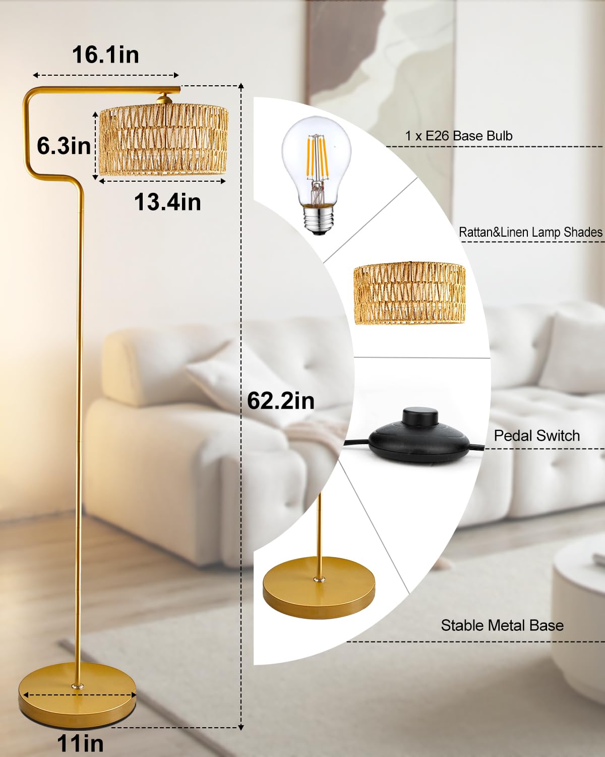 Lightdot Rattan Floor Lamp, Boho Arc Design, Metal & Linen Shades, Gold Color, Model LFLL-M-97A