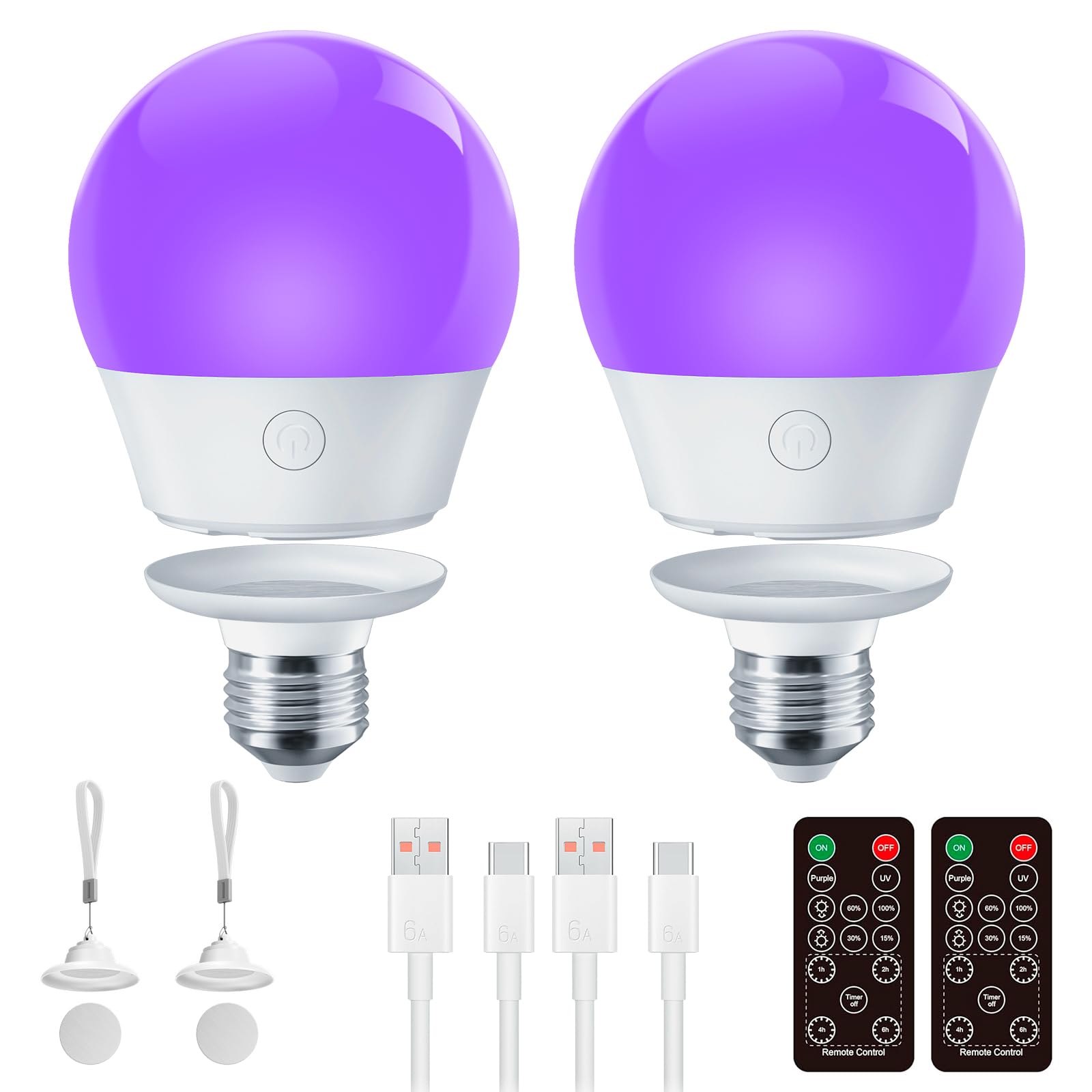 Brightown E26 Rechargeable UV Light Bulbs, 385-400nm, Glow in The Dark, 2 Pack - Purple