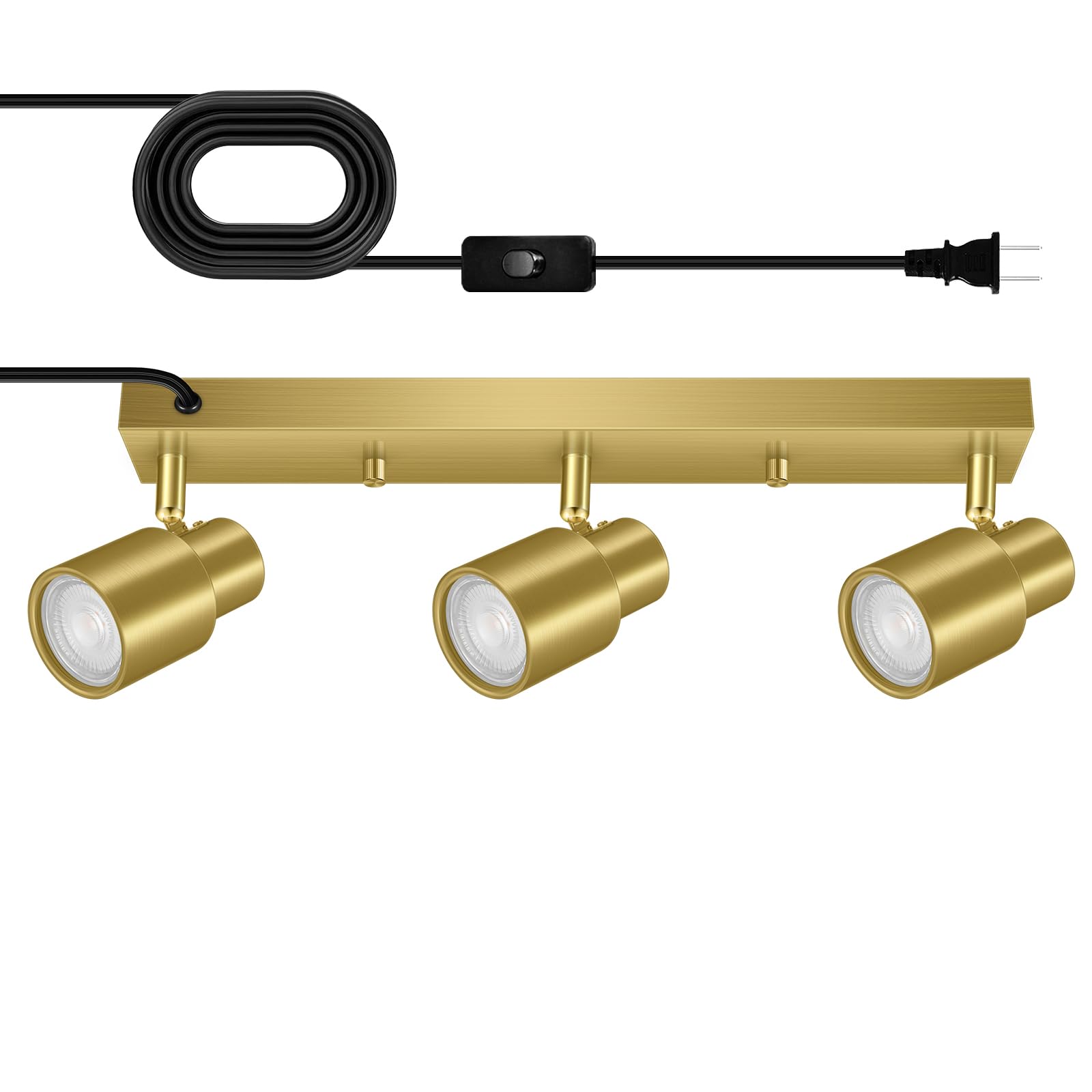 Plug-In Track Lighting Led, Track Light Fixtures Ceiling, Gold 3-Light Track Light For Kitchen, 3 Way Ceiling Spotlight, Rotatable Wall Mount Light Head For Bedroom Hallway, Bulb Not Included