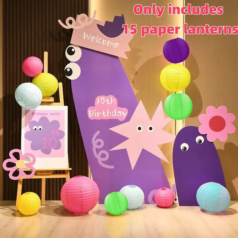 Capesaro Paper Lanterns Decorative 15Pcs Blue Pink Cartoon Theme Party Decorations For Little Princess Birthday Party Baby Shower Graduation Anniversary Green Purple Yellow Room Hanging Decor