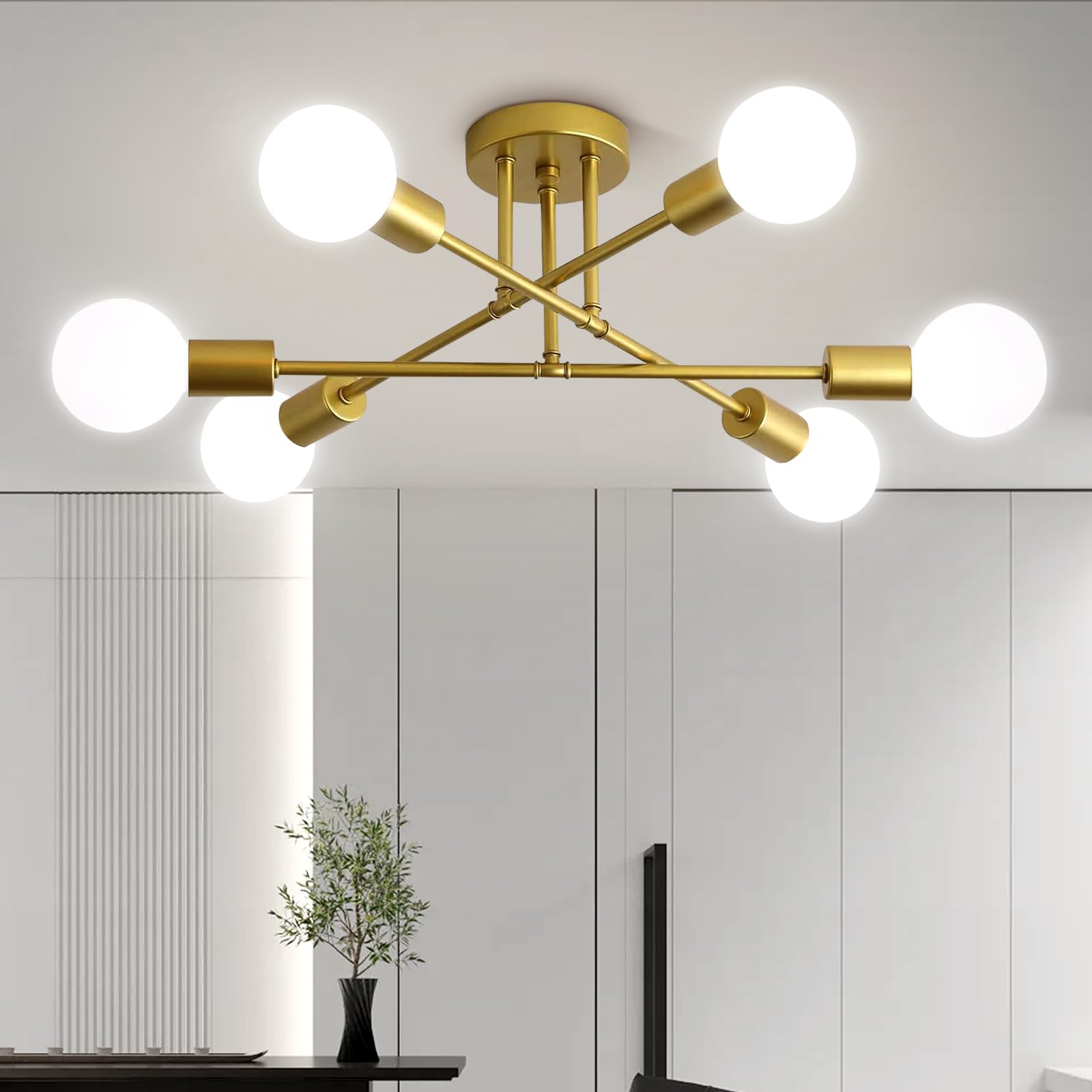 Maichixin 6-Light Ceiling Light Fixture, Modern Gold Sputnik Chandelier, Semi Flush Mount for Living Room