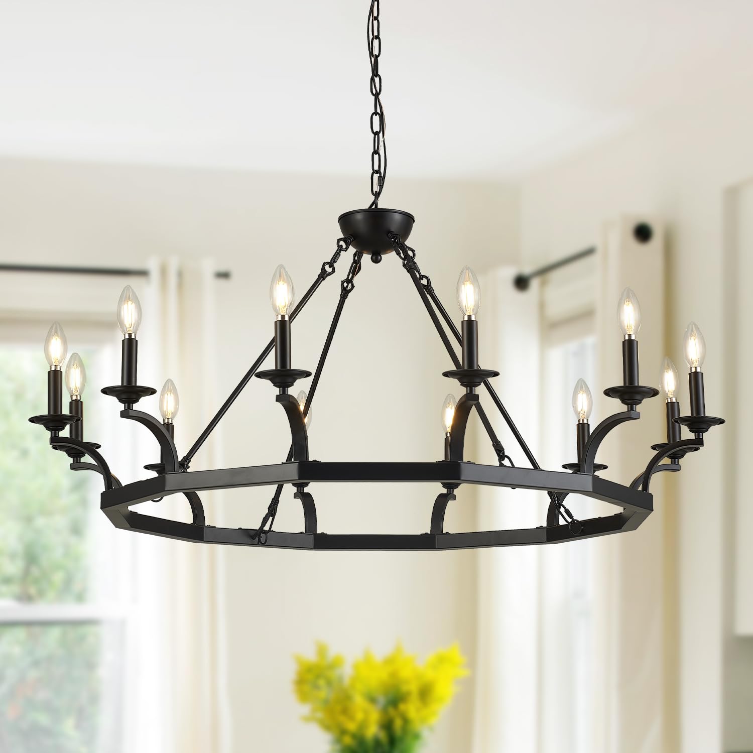 Brfaixla 43'' Wagon Wheel Chandelier 12 Lights Industrial Black Metal Ceiling Pendant Chandelier Rustic Hanging Lights Adjustabl