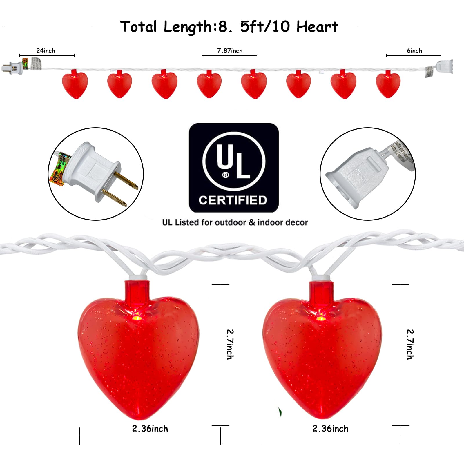 Red Heart String Lights, 8.5Ft Outdoor Valentine'S Day Decorations Lights With 10 Red Glitter Heart Lights, Hanging Valentines H