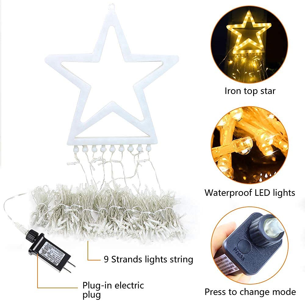 Cerflyer Christmas String Lights 320 LED 11.5 Ft Waterfall with Big Star Topper, Warm White, Model YLS1000WD01