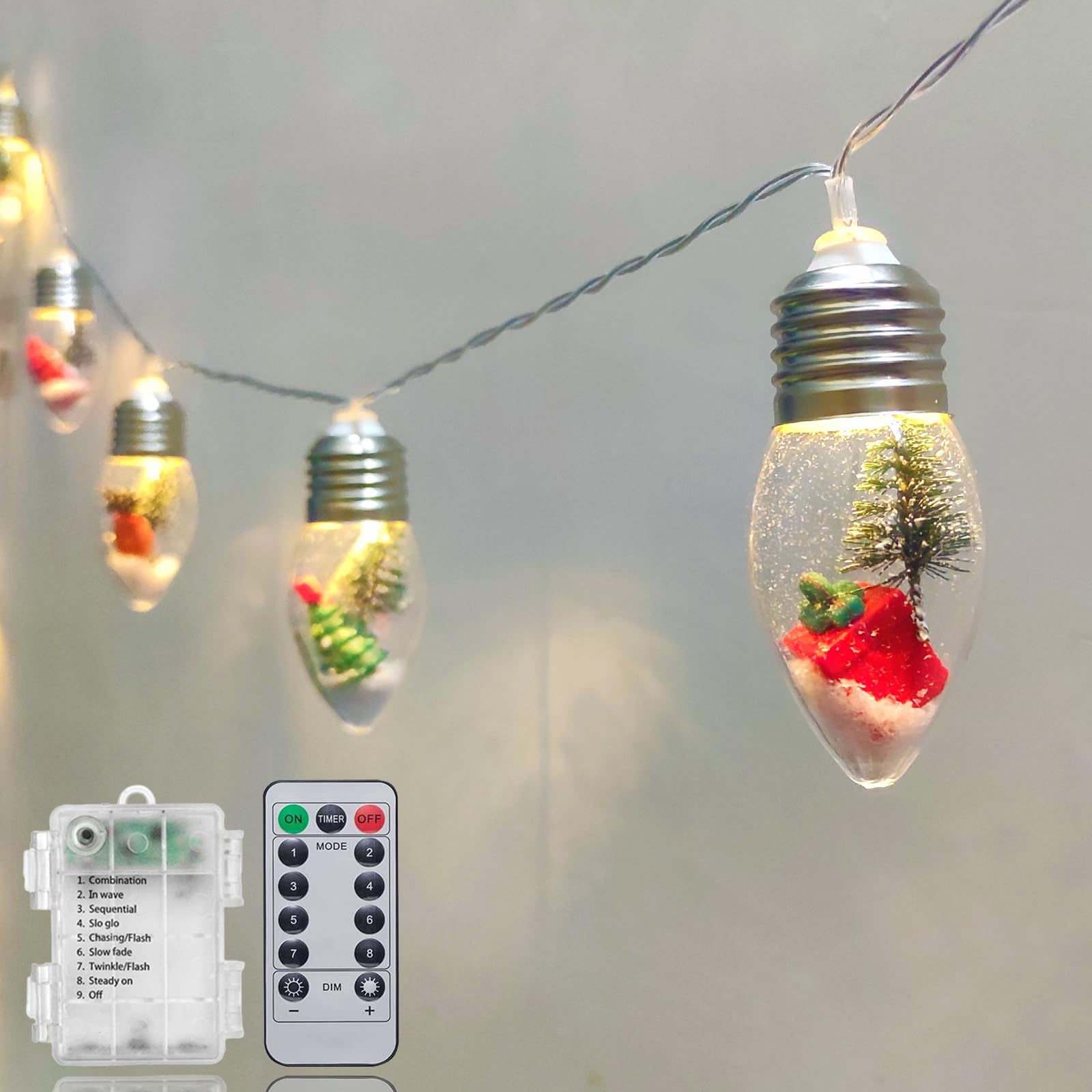 Christmas Lights 6.8Ft LED Christmas Tree Snow Globe Lights 10 Shatterproof Edison Bulbs Battery Operated Lights with Remote Timer, String Lights Indoor for Bedroom Porch Garden Party Christmas Decor