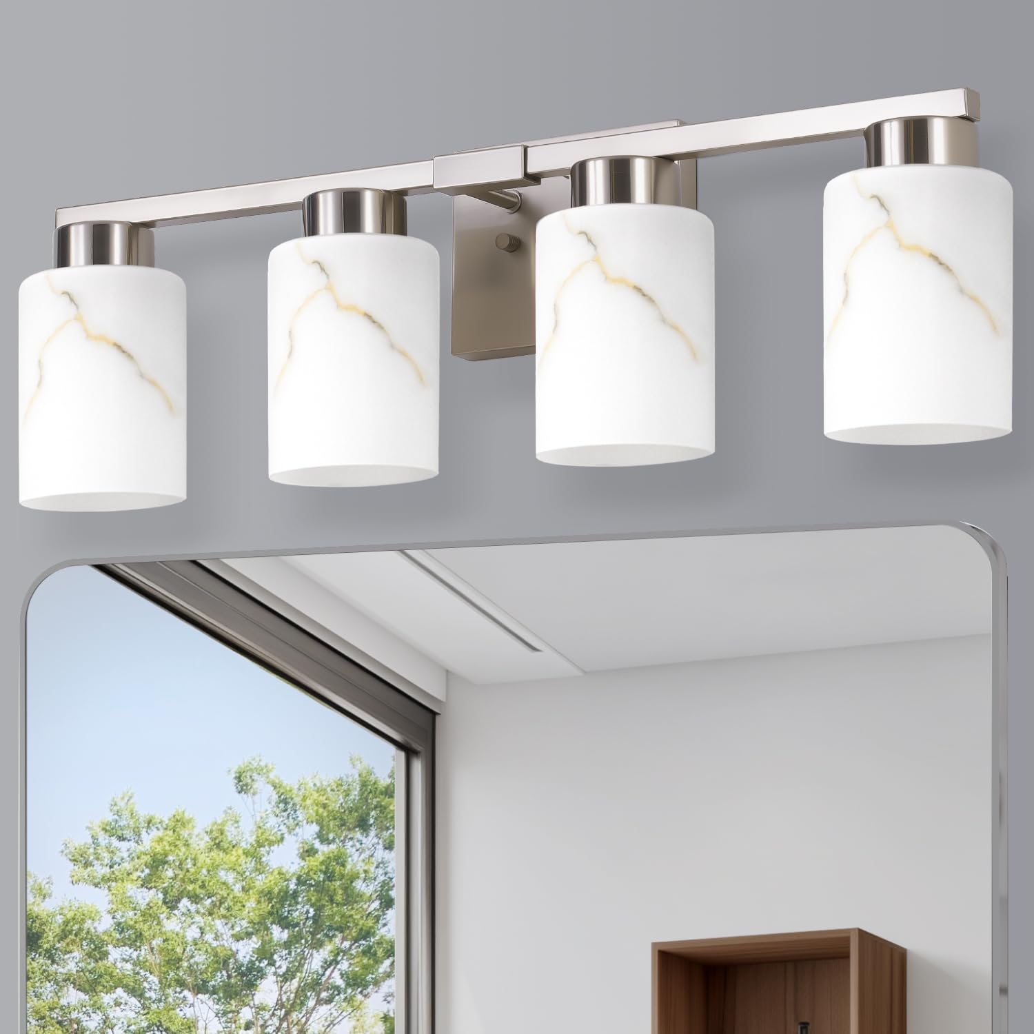 Mieloxiy 4-Light Bathroom Light Fixtures  Modern Vanity Lights  Brushed Nickel Metal Wall Lamp with White Marble Glass for Bathroom  Mirror  Living Room  Bedroom  Cabinet  Porch  Hallway  E26 Base