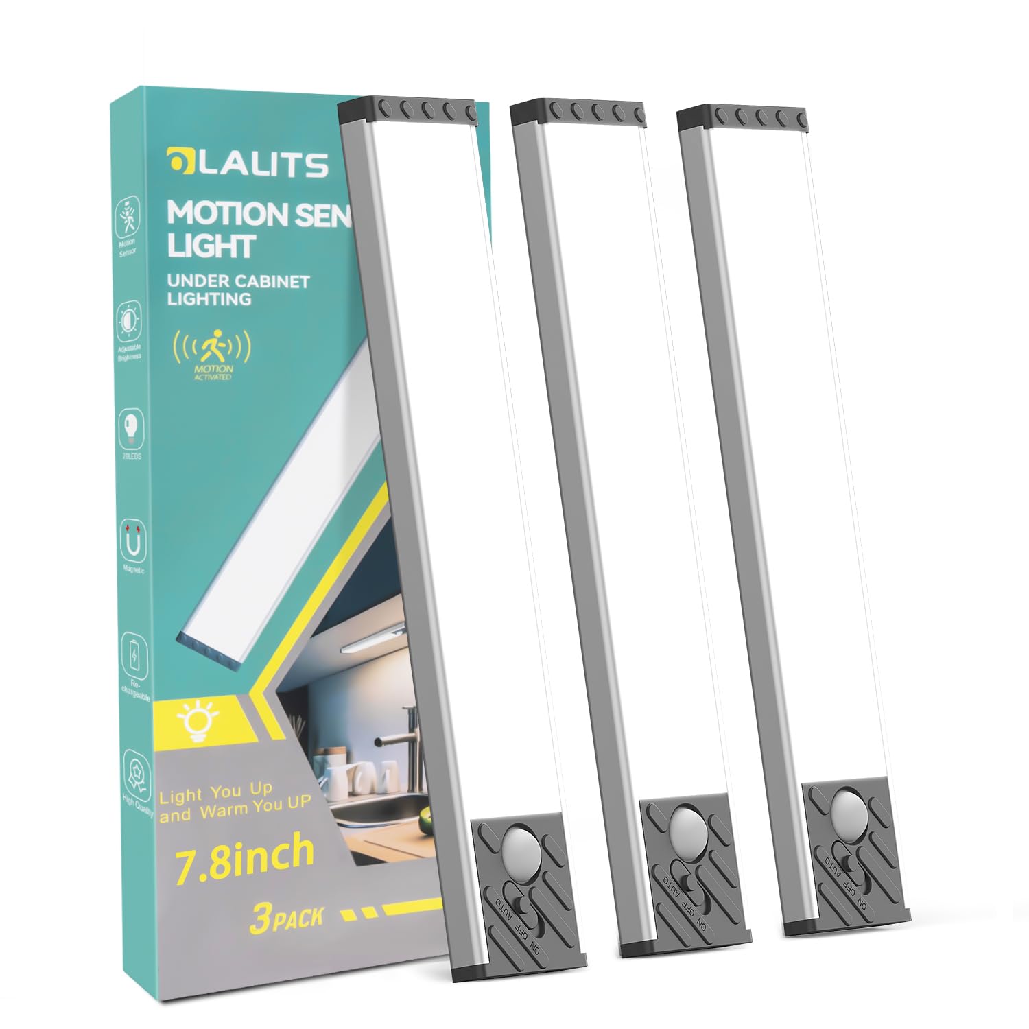 Under Cabinet Lighting, Equipped with Motion Sensor, Rechargeable Battery Operated,3-Level Adjustable Brightness, 3 Pack Magneti