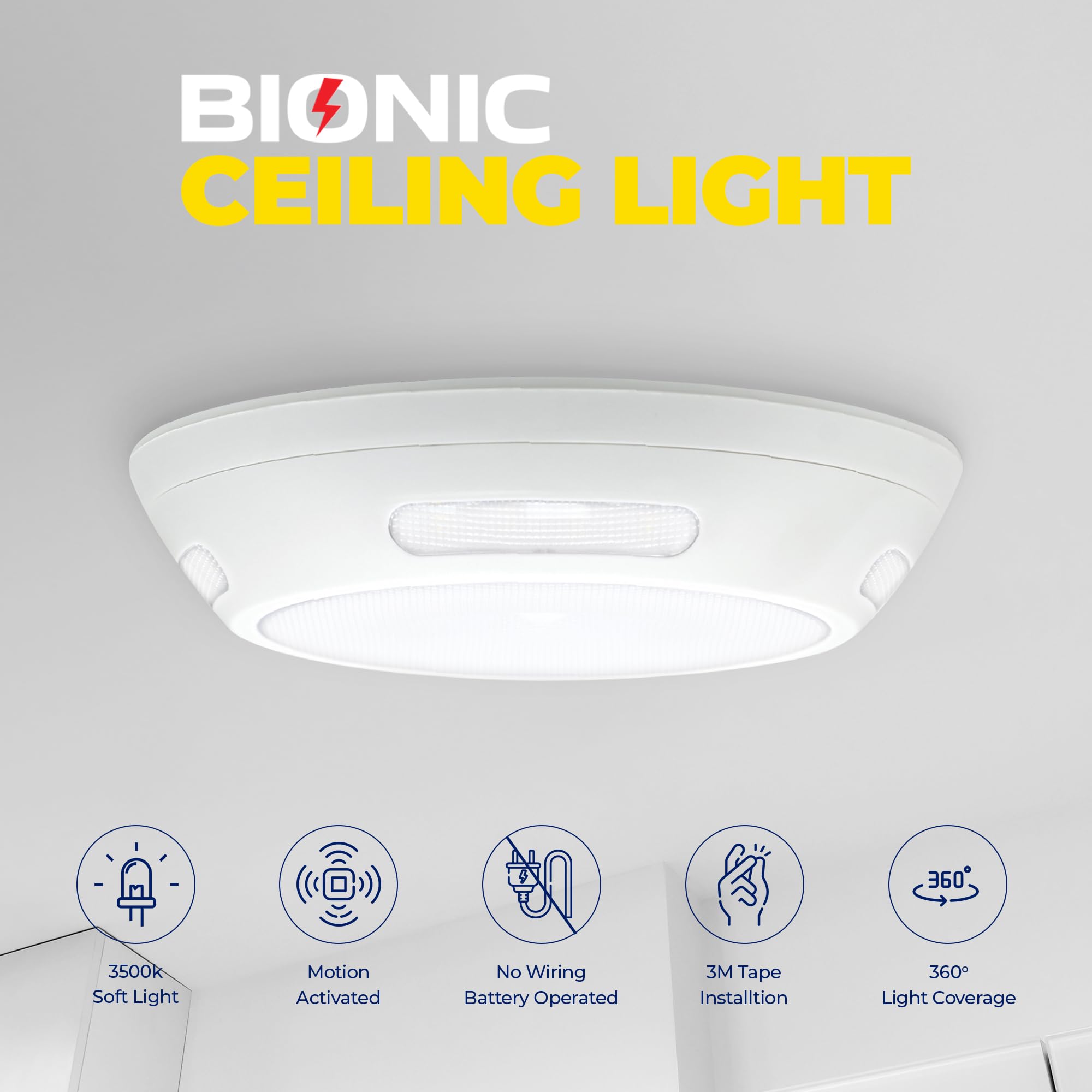 Motion Sensor Indoor Battery Operated Ceiling Lights, 300 Lumens Bright Easy to Install Wireless Ceiling with Remote, Indoor Mot