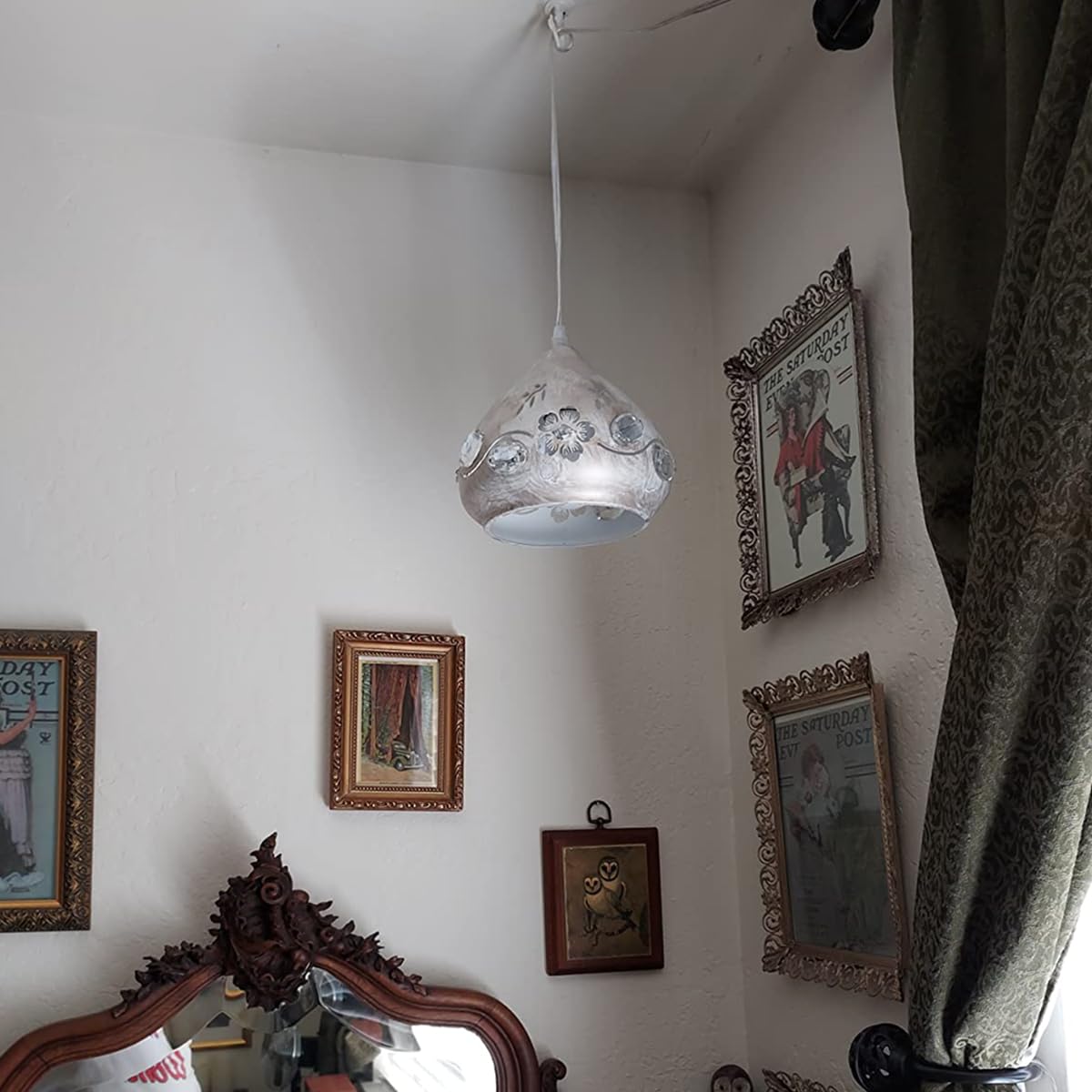 Ylong-Zs Hanging Lamps Swag Lights Plug In Pendant Light 16 Ft Cord Boho Hanging Pendant Light Cage In-Line On/Off Dimmer Switch For Kitchen Island, Dining Room, Entryway(White And Crystal)