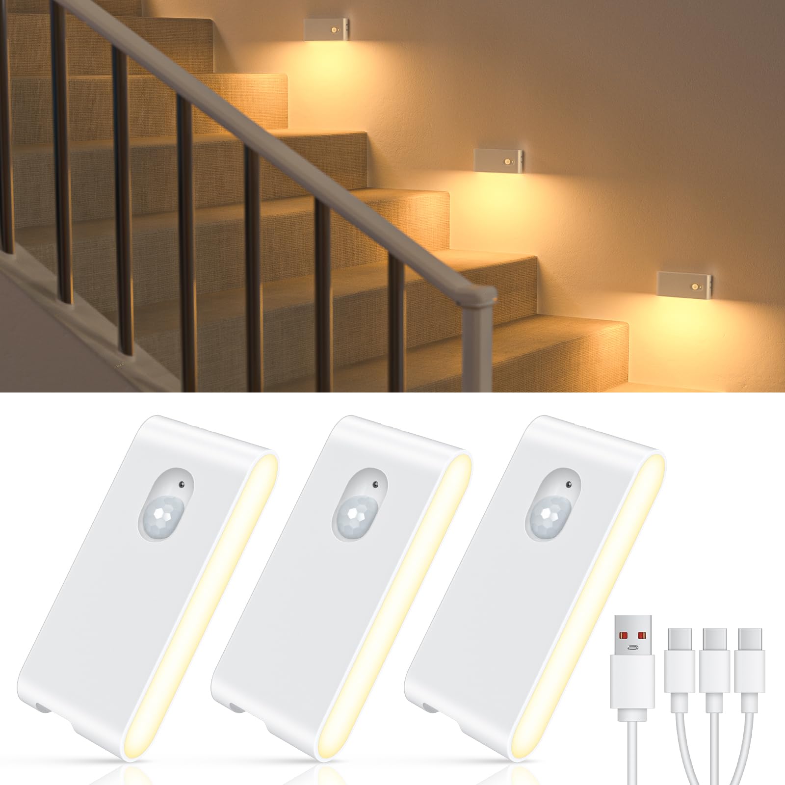 WILLED Motion Sensor Night Light, Rechargeable, 3 Pack, Warm White, Plastic, Model B0DL5LH672