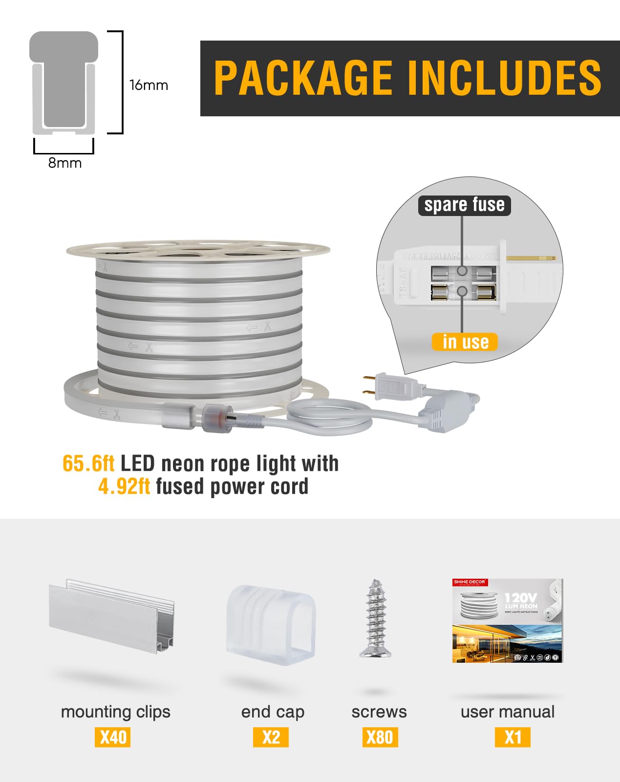Shine Decor Led Neon Rope Lights 120Vac  120Leds/M Lum Strip Lighting End Extendable 2500K Warm White 65Ft  Water & Cold Resistant For Outdoor Indoor  4520Lm Bright 8X16Mm Etl Listed
