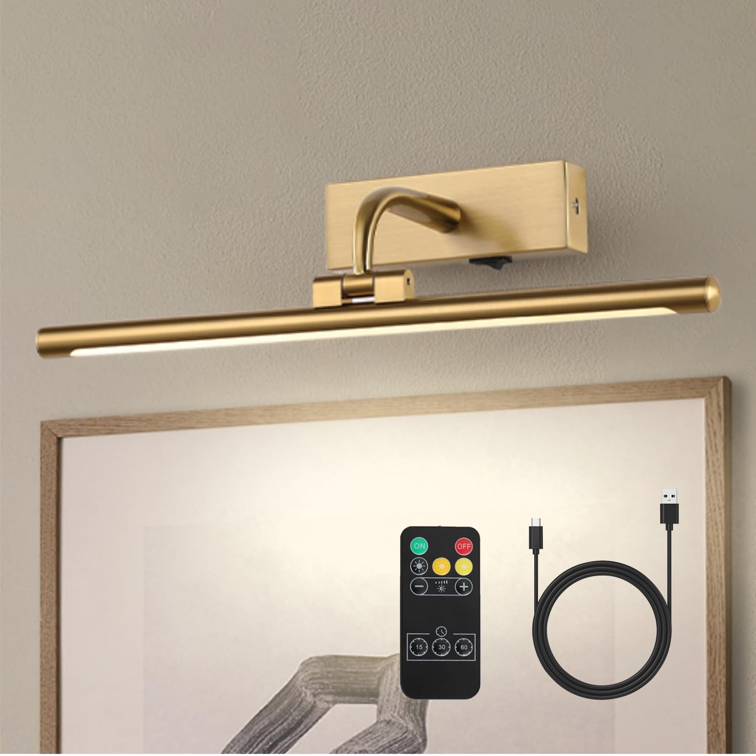 DLCL Battery Operated Picture Light with Remote and Timer, 15.94in Wireless Gallery Lights Brass 3CCT Rechargeable Art Lights fo