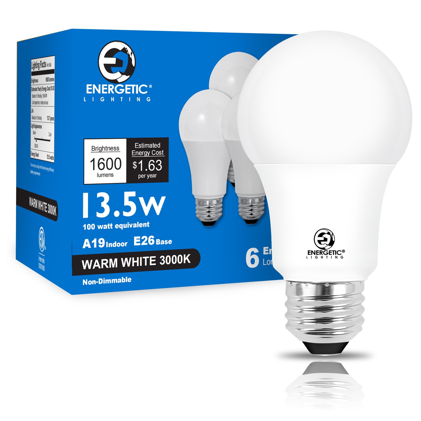 E Energetic Lighting Led Light Bulbs 100 Watt Equivalent, Warm White 3000K, 1600Lm Super Bright, Non-Dimmable A19 Led Light Bulb