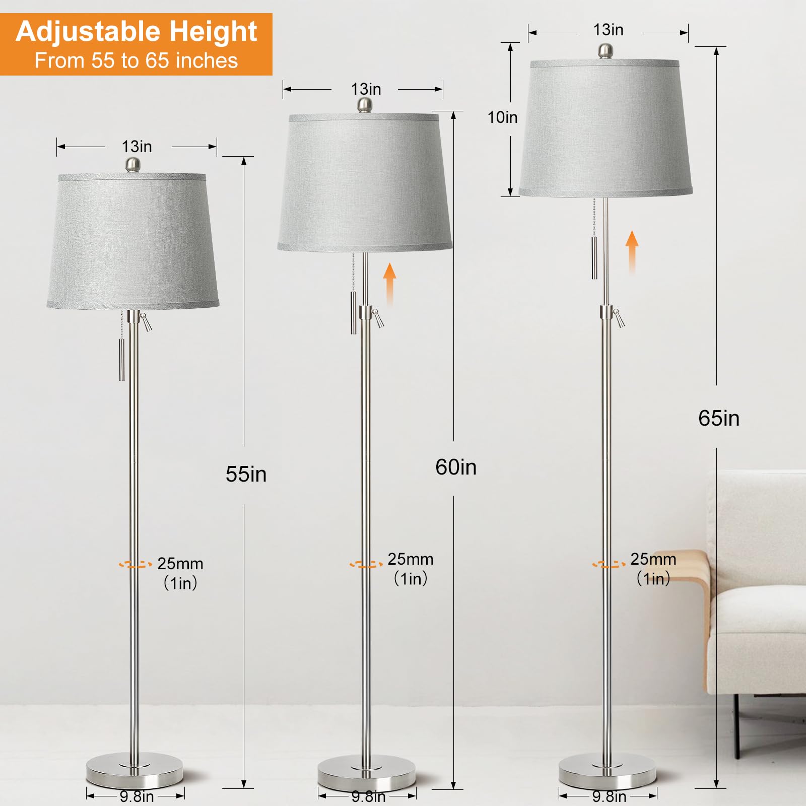 Junnai Floor Lamp For Living Room,Adjustable Height Standing Lamp,Dimmable Modern Floor Lamps For Bedroom Office Tall Floor Lights With Pull Chain Bulb Included-Silver Gray Shade