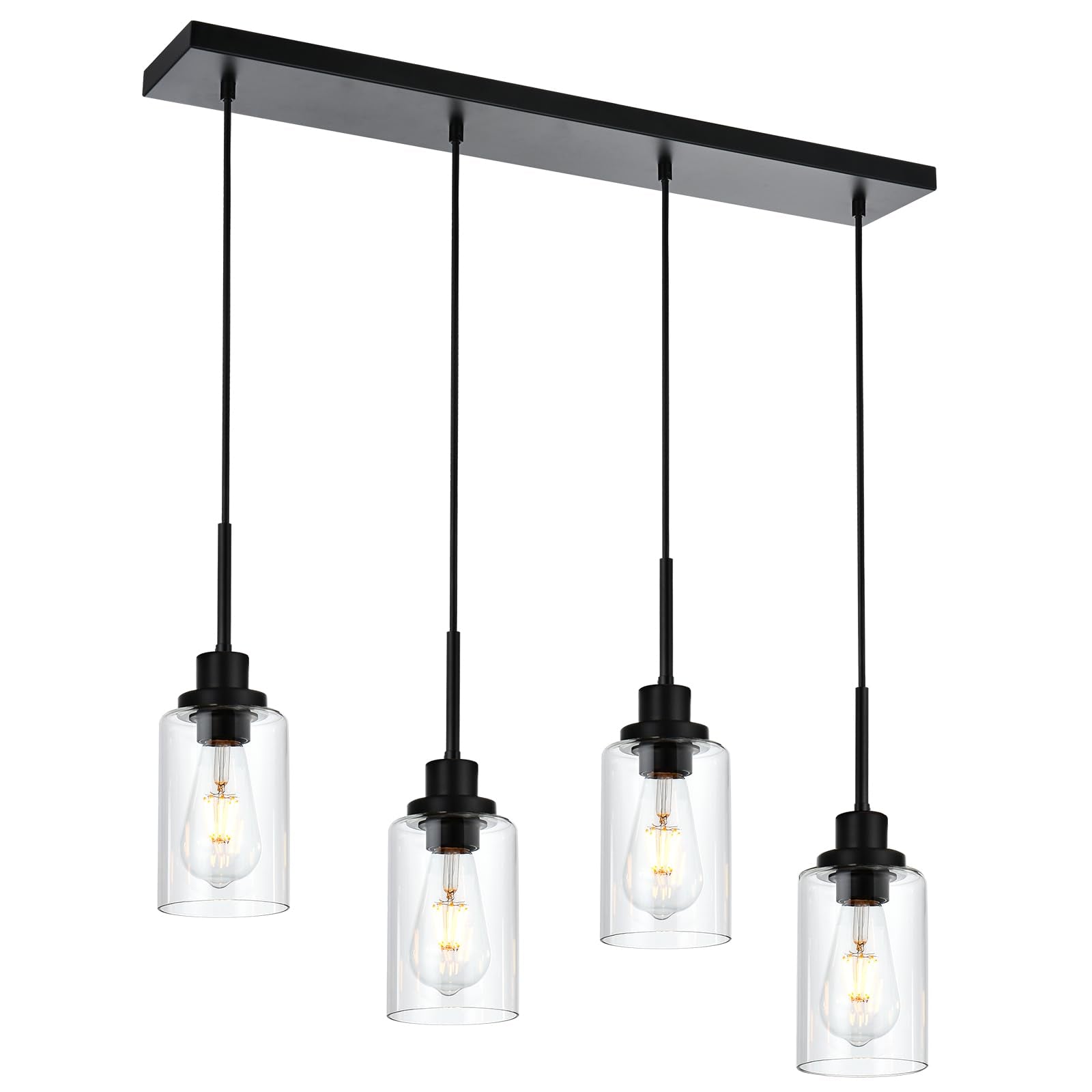 WINSHEN Black Pendant Light Fixtures with Clear Glass, 4-Lights Adjustable Height Hanging Ceiling Lights, Kitchen Island Lightin