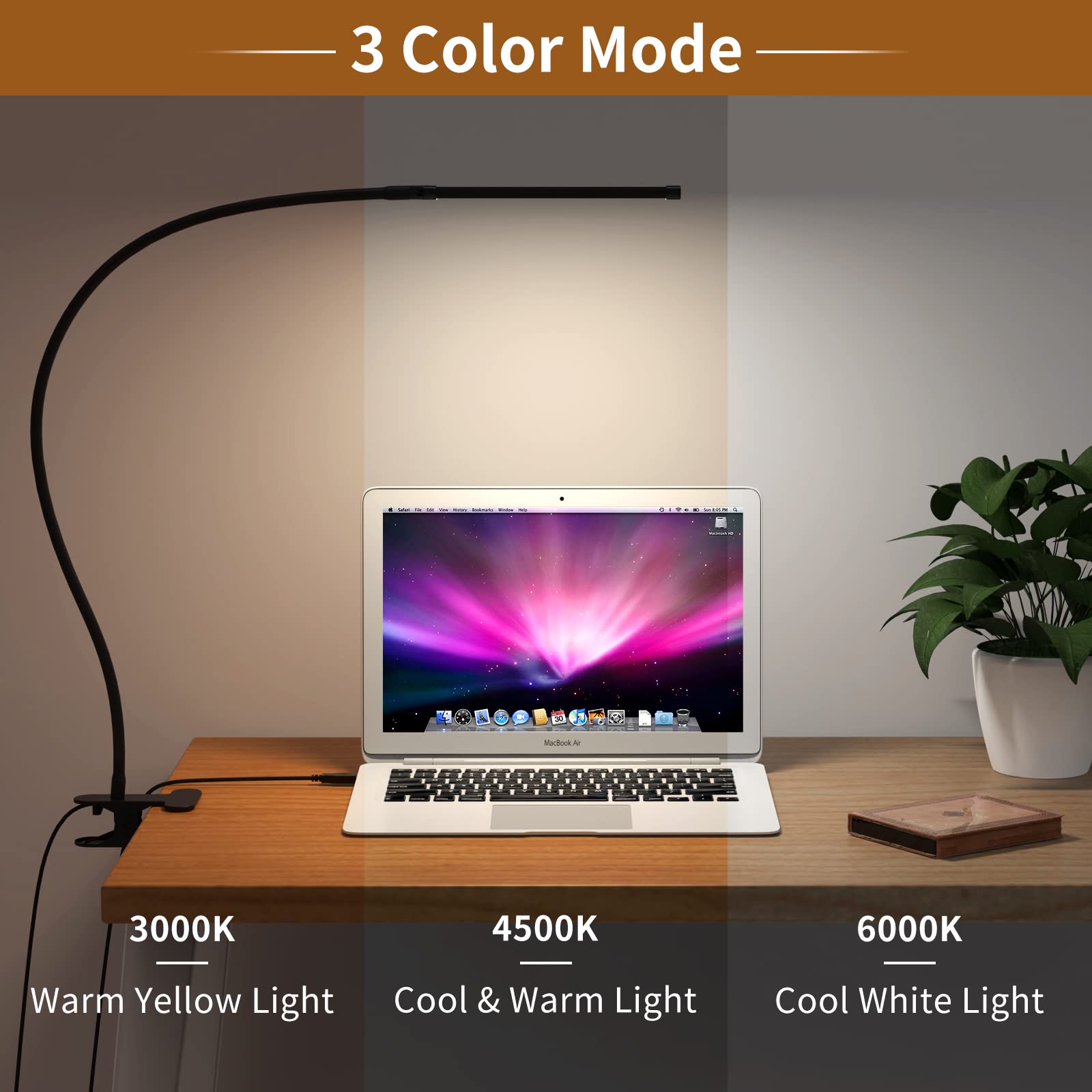 iZELL LED Desk Lamp with Clamp, 77 LEDs, 3 Color Modes, 10 Brightness Levels, Flexible Gooseneck, Model TBL721-BK