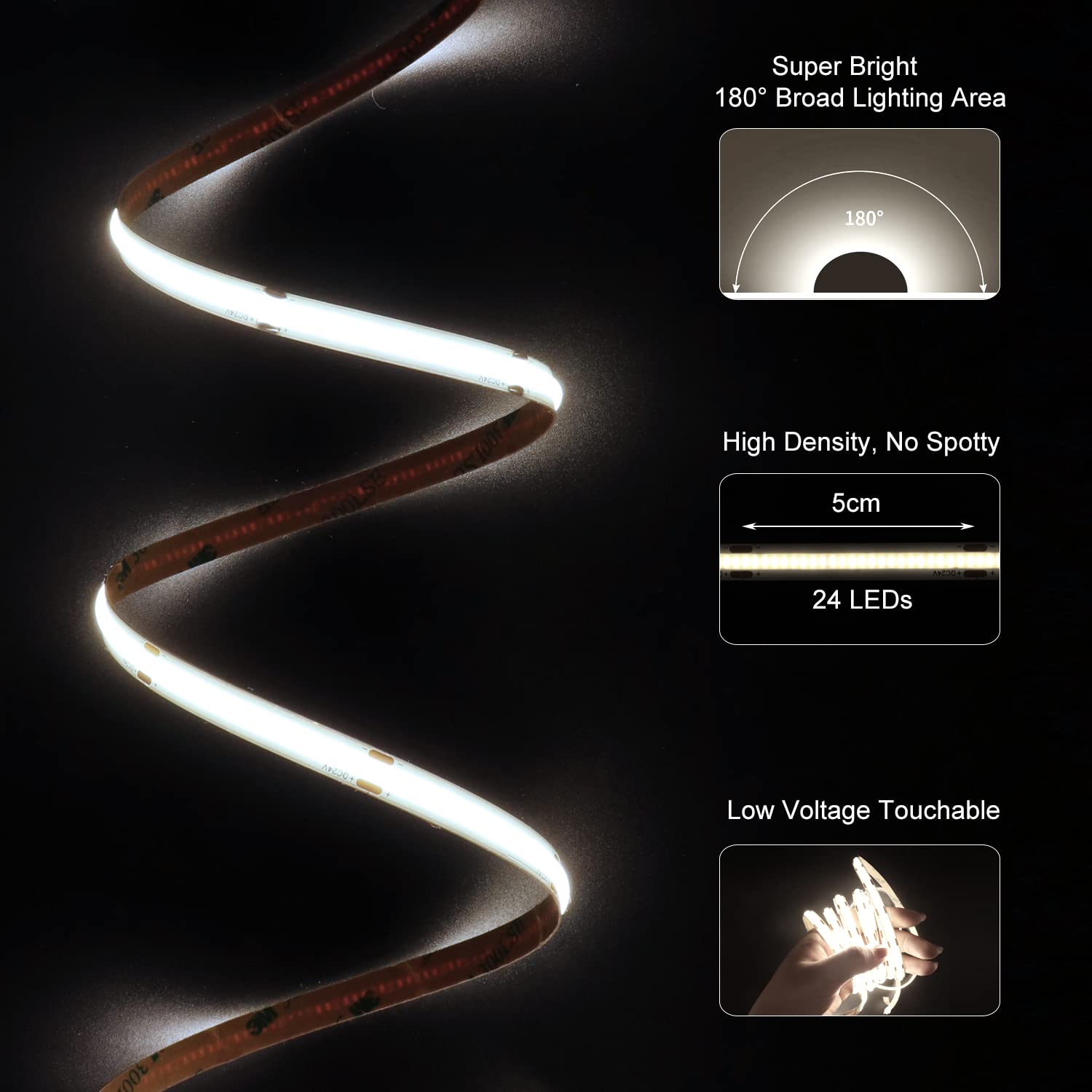 BUNACET COB LED Strip Lights 20ft, 2880 LEDs, Dimmable, 6500K Cool White, Aluminum, Model BNT-DE-LED-Lights