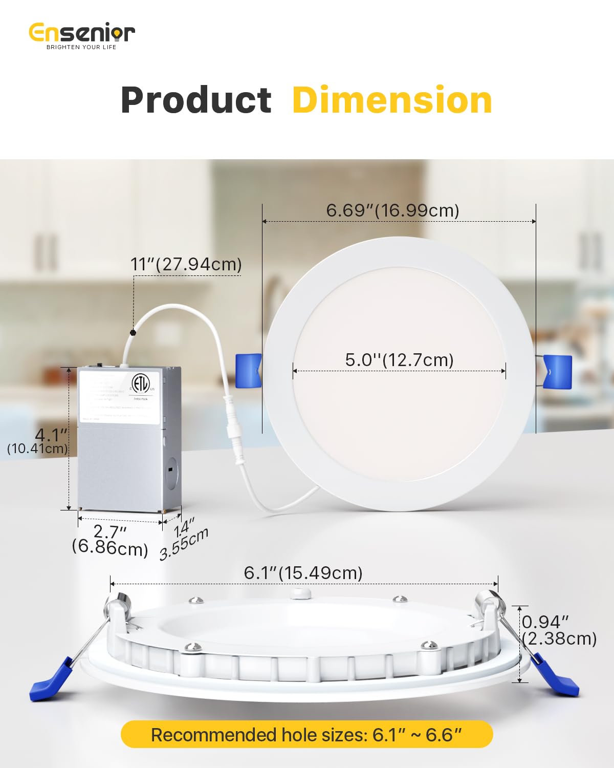 Ensenior 1 Pack 6 Inch LED Recessed Light, Dimmable, 6000K Clear White, 1050LM High Brightness, 12W 120V, Damp Rated, Ultra-Thin