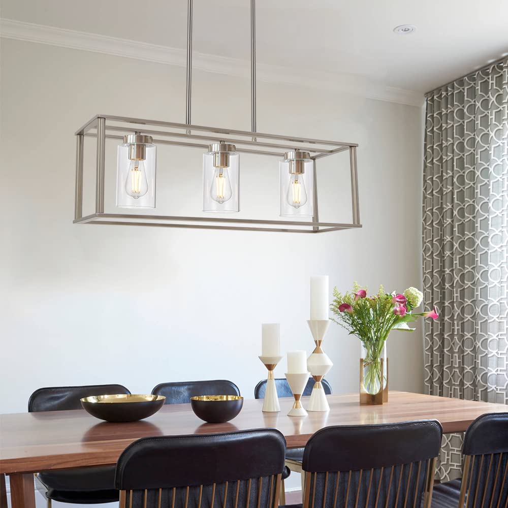 VINLUZ 3-Light Linear Chandelier, Brushed Nickel with Clear Glass Shade, Modern Pendant Light Fixture for Kitchen Island & Dining Room, Model 1811-3-SN