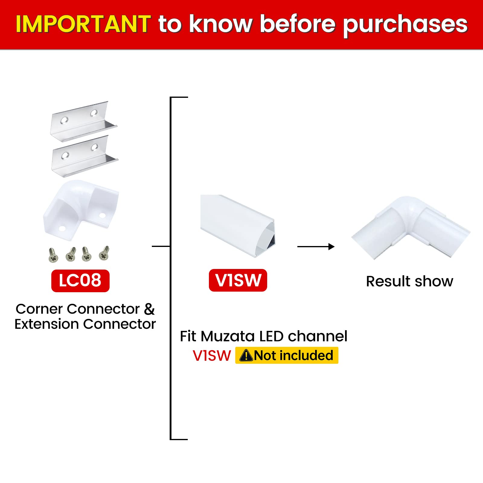 Muzata 8PACK LED Channel Corner Connector Kit L-Shape Adaptor and 20PCS Extension Connectors for V-Shape V1SW Aluminum Channel,
